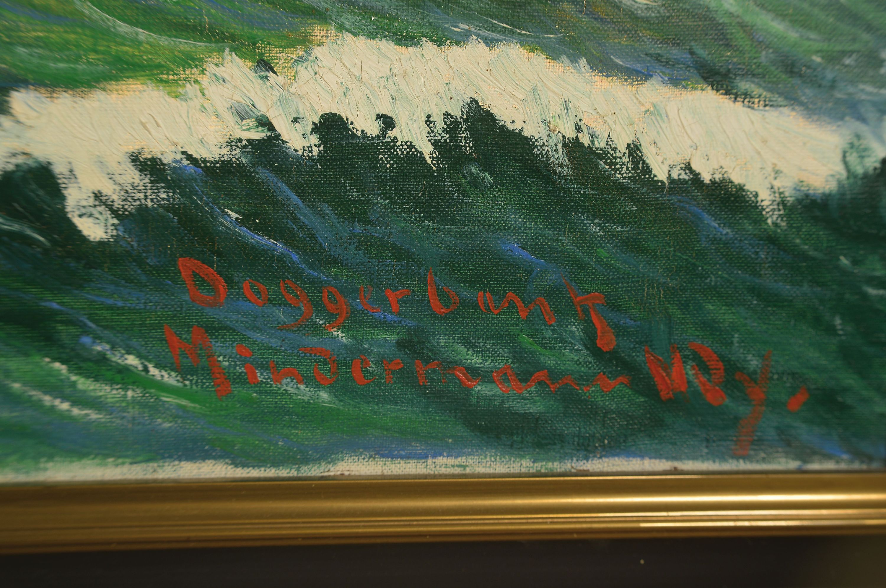 Detail a: Heinz Mindermann, 1872 Bremen-1959 Norderney , maritime Landschaft, zwei Segelboote und eine Dampfer auf bewegter See, rechts unten in rot signiert, ...