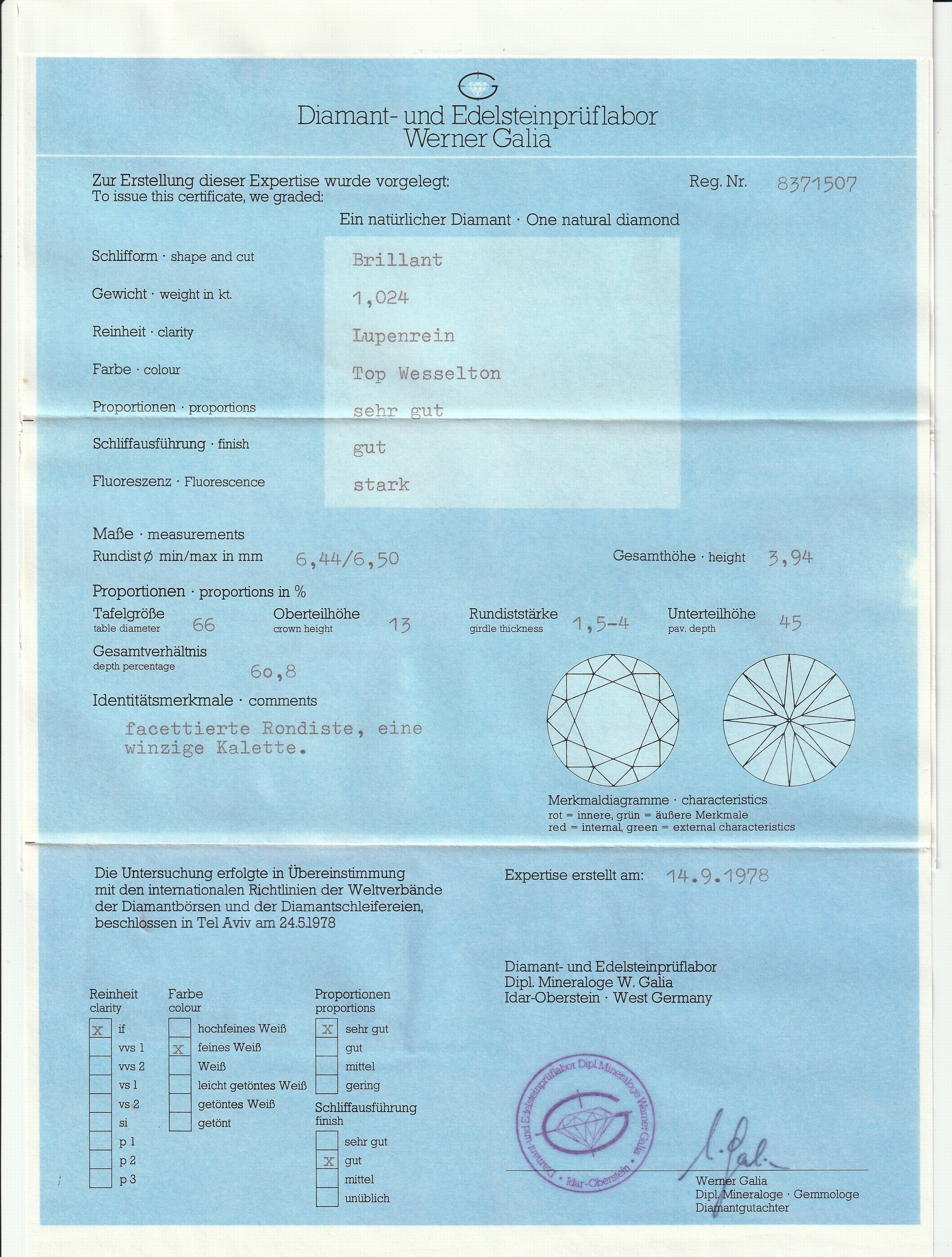 Detail b: Loser Brillant 1.024 ct Top Wesselton/ lupenrein, mit Galia Expertise