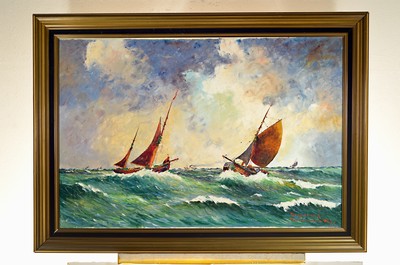 Image Heinz Mindermann, 1872 Bremen-1959 Norderney , maritime Landschaft, zwei Segelboote und ...