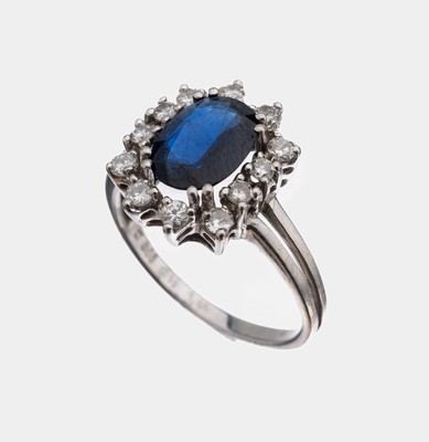 Image Paar 14 kt Gold Saphir-Brillant-Ring, WG 585/000, rundfacett. Saphir ca. 2.0 ct, ...