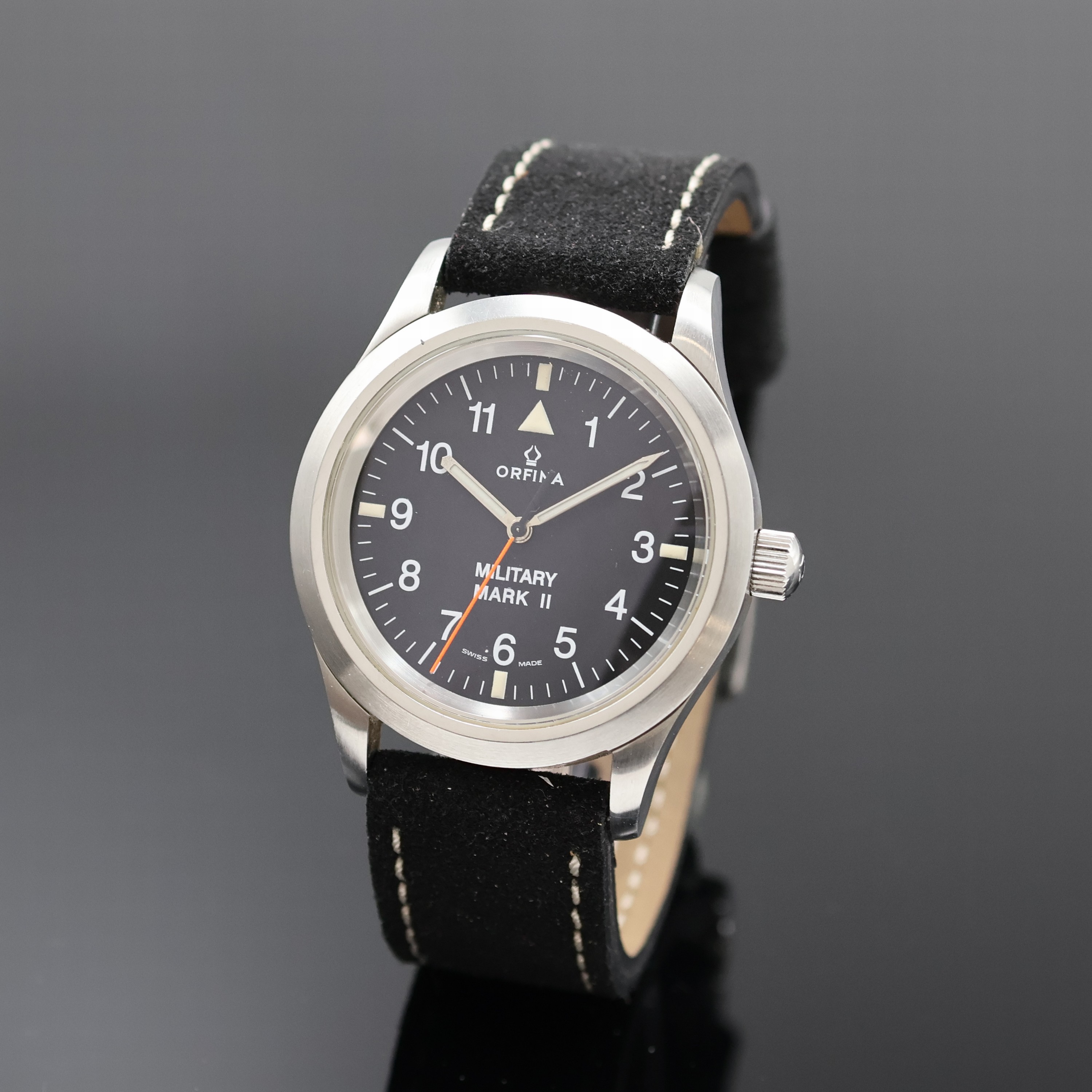 ORFINA Military Mark II Fliegeruhr Referenz 6190, Schweiz um 2000, Automatik, großes Edelstahlgeh., Boden geschr., schwarzes Zifferbl. m. arab. ...