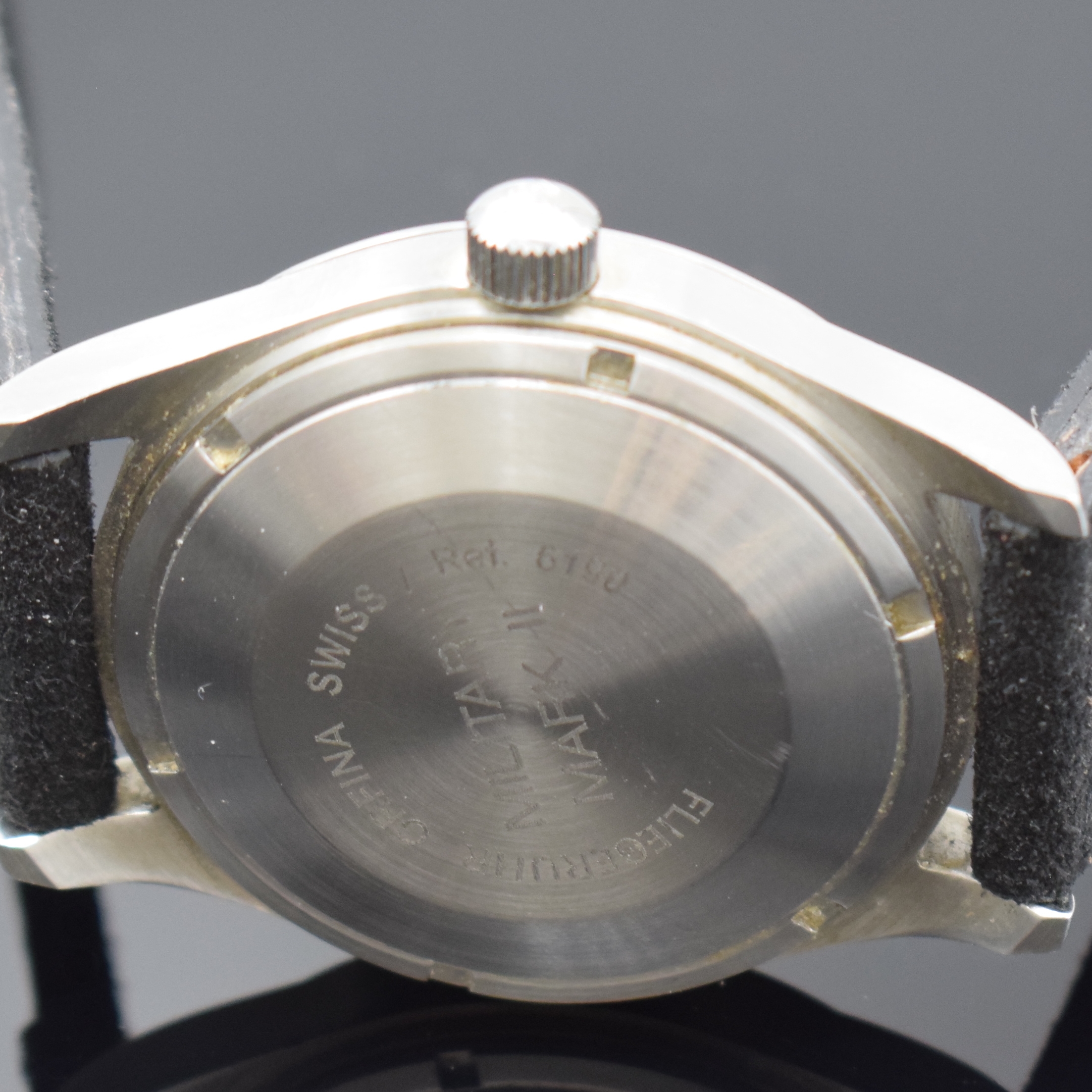Detail d: ORFINA Military Mark II Fliegeruhr Referenz 6190, Schweiz um 2000, Automatik, großes Edelstahlgeh., Boden geschr., schwarzes Zifferbl. m. arab. ...