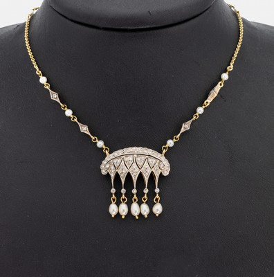 Image 14 kt Gold Art-Deco Diamant-Perl-Collier, um 1920/30, GG 585/000 und Platin, Mittelteil ...