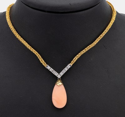 Image 26927179 - 18 kt Gold Brillant-Koralle-Collier, GG/WG 750/000, Mittelteil mit 9 in WG gefassten ...