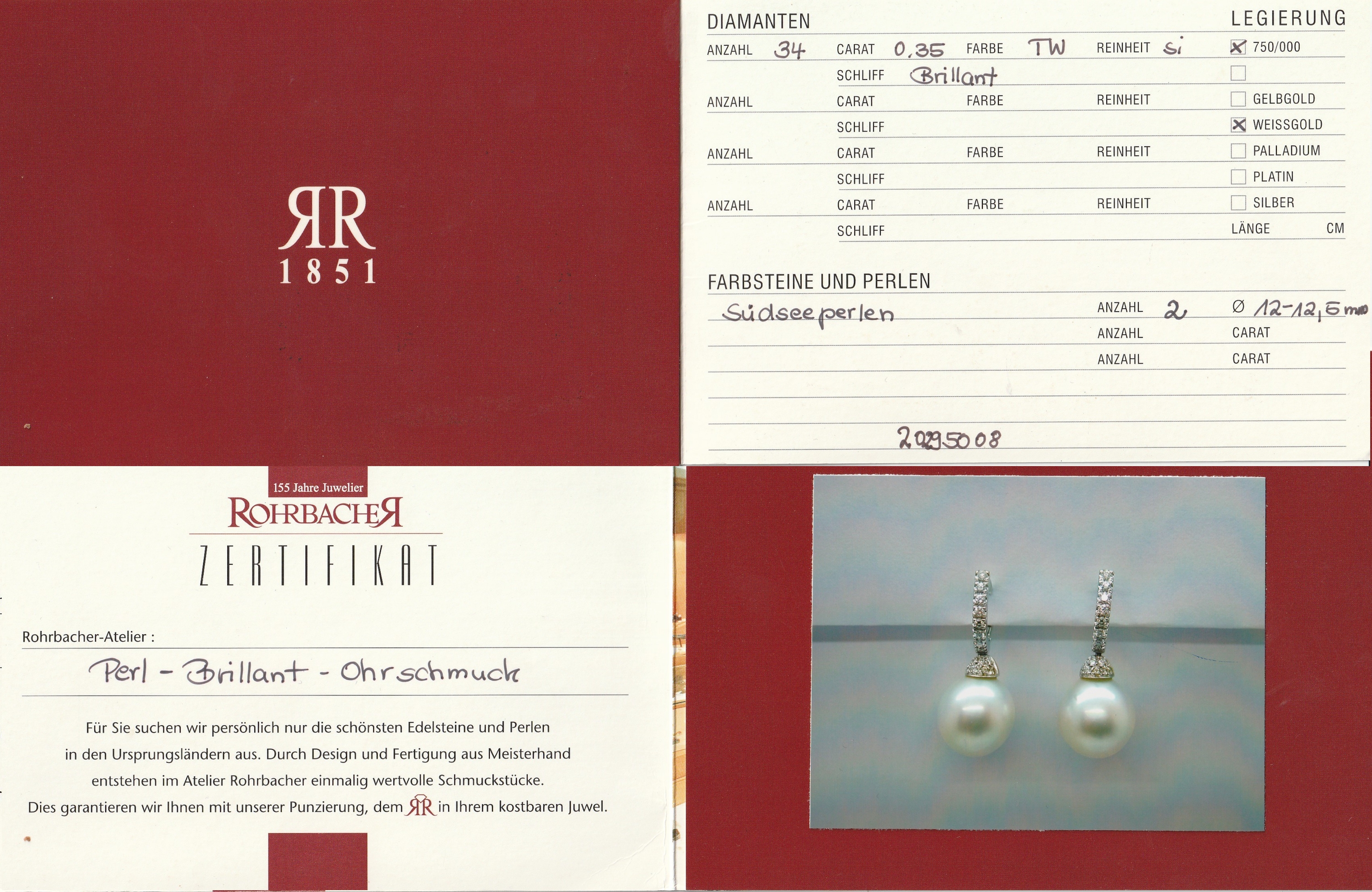 Detail a: Paar 18 kt Gold Perl-Brillant-Ohrgehänge, WG 750/000, 2 weiße ovale Südseezuchtperlen, D. ca. 12 - 12.5 mm, 34 Brillanten zus. ca. 0.35 ct feines ...