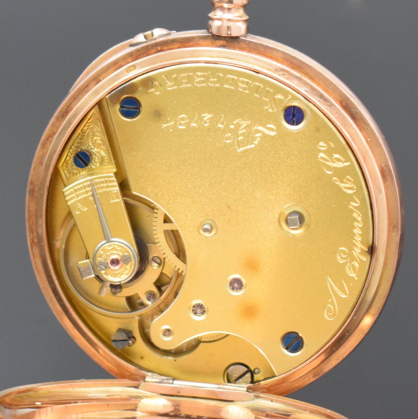Detail c: A. EPPNER & Co, Silberberg seltene Taschenuhr in RG 585/000, um 1890, guill. Geh. dell., Goldcuvette, Krone später, 2-tlg. Email- zifferbl., kl. ...