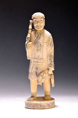 Image 26927767 - Beinskulptur eines Fischers, China, 20.Jh., Holzkorpus mit Beinplättchen, stehender ...