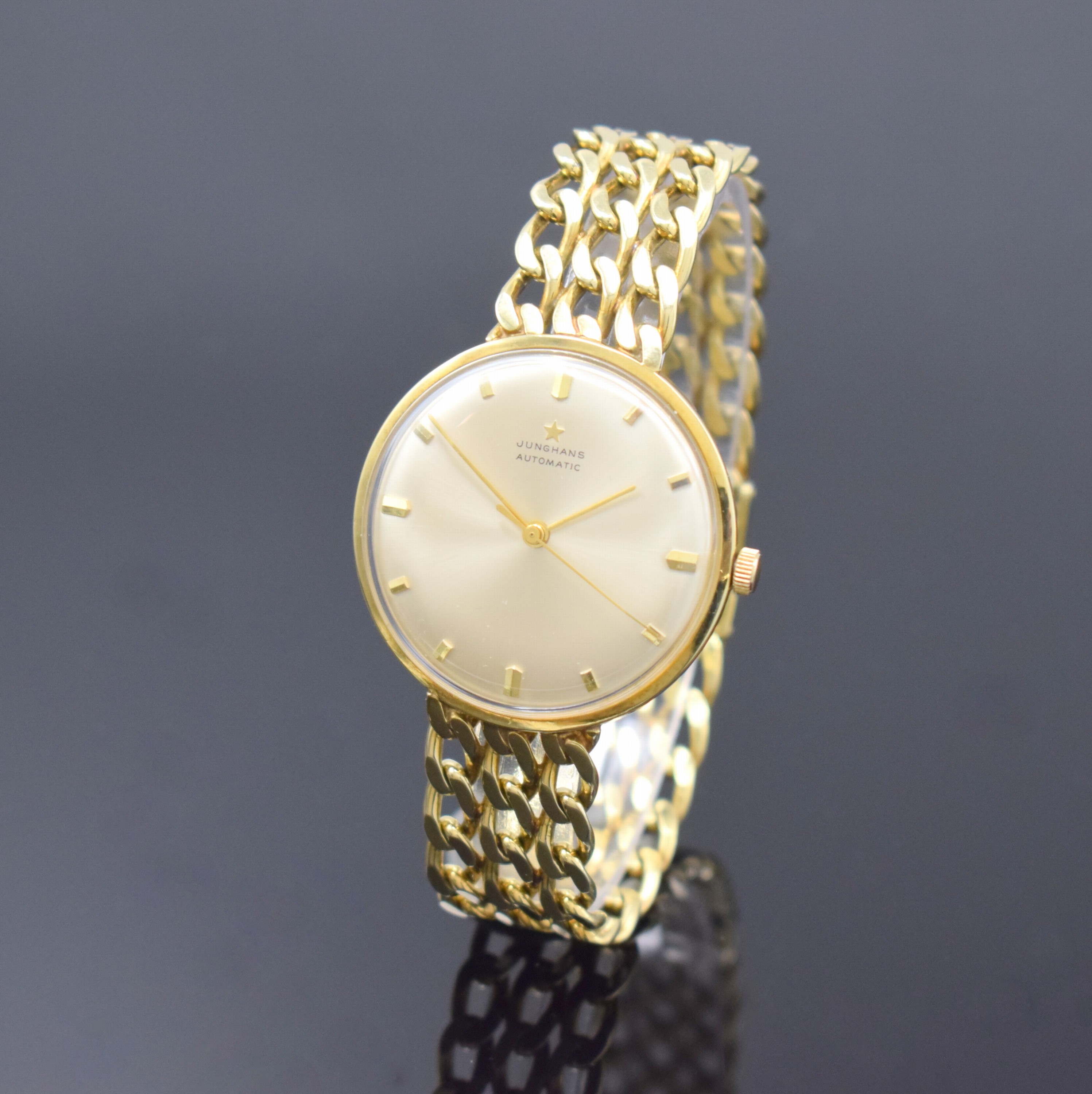 JUNGHANS Herrenarmbanduhr in GG 585/000 an neutralem GG 585/000 Gliederband, Automatik, Deutschland Ende 1960er Jahre, mit ETA Basiskal. 2451, für ...