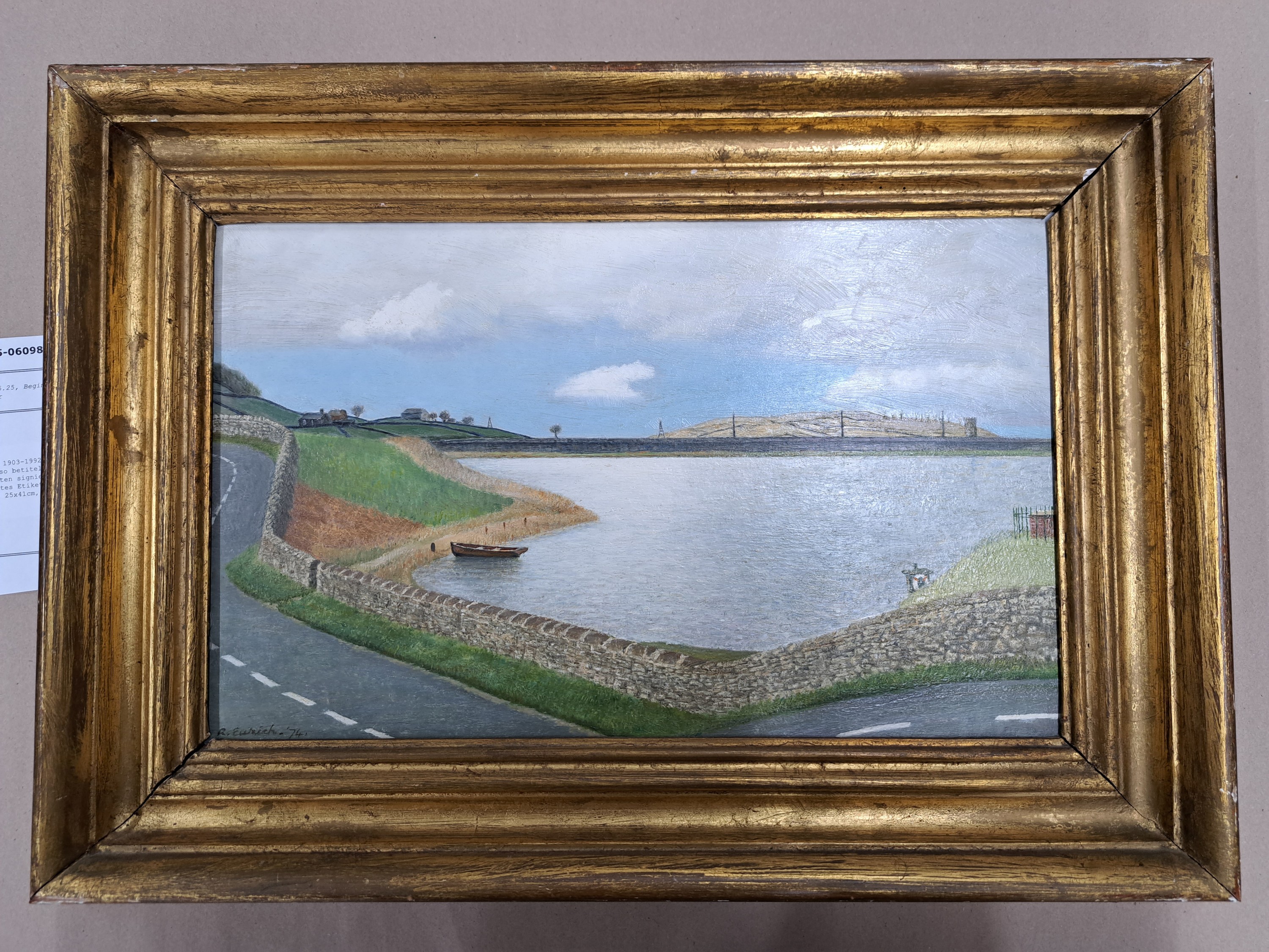Detail a: Richard Ernest Eurich, 1903-1992, "The Reservoir" rückseitig so betitelt, Öl/Hartfaser, links unten signiert und dat. 74, rückseitig ...