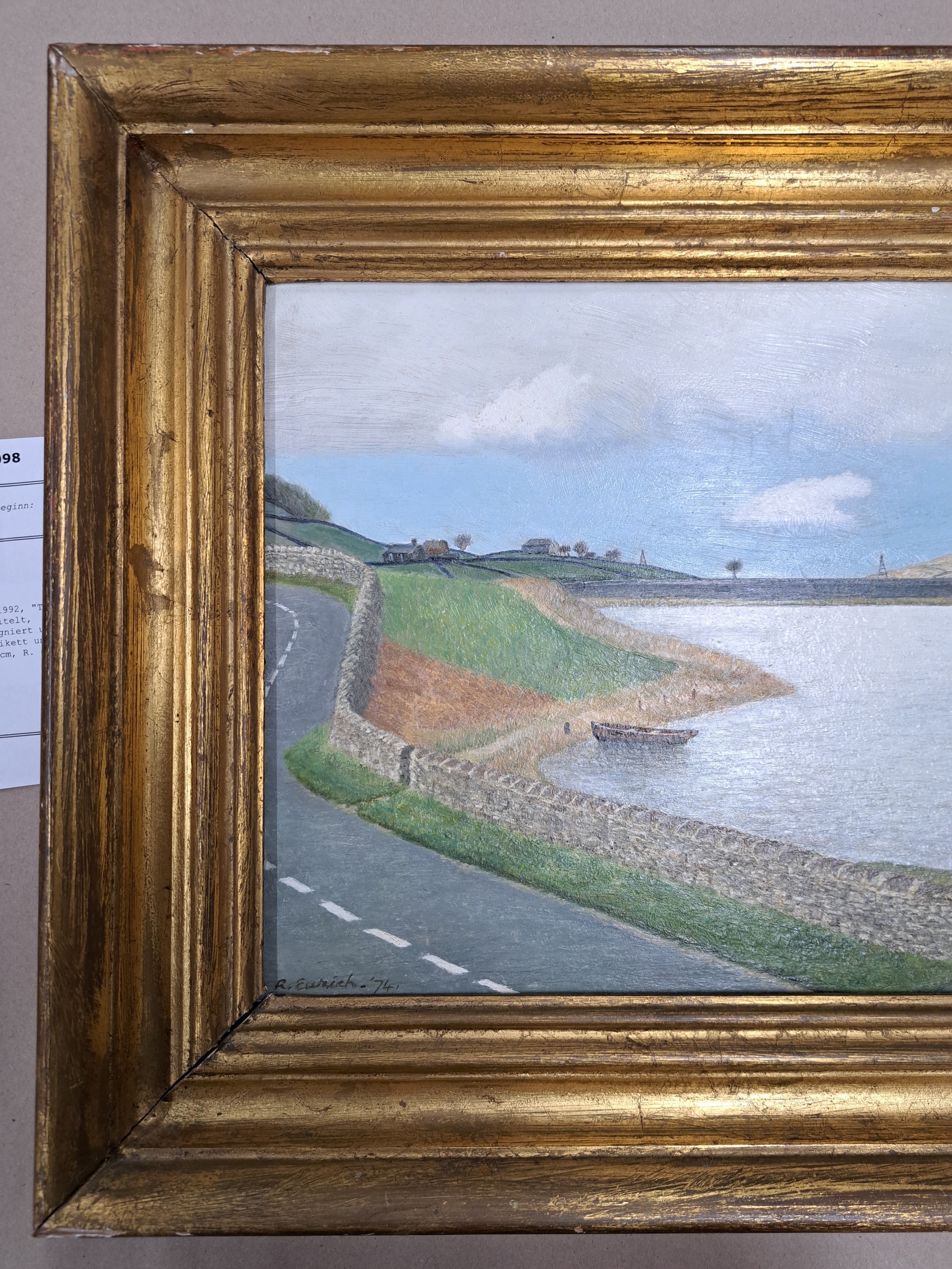 Detail b: Richard Ernest Eurich, 1903-1992, "The Reservoir" rückseitig so betitelt, Öl/Hartfaser, links unten signiert und dat. 74, rückseitig ...