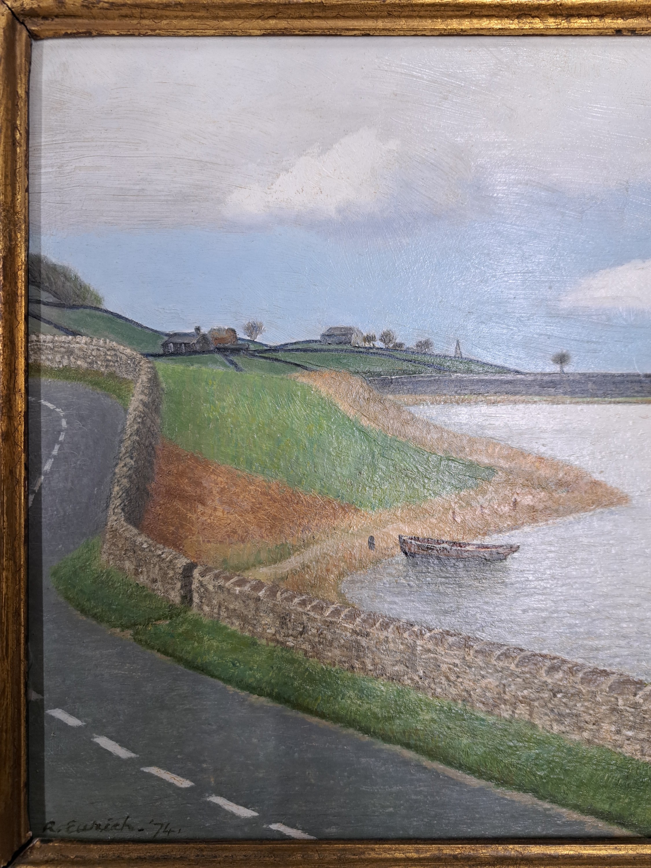 Detail d: Richard Ernest Eurich, 1903-1992, "The Reservoir" rückseitig so betitelt, Öl/Hartfaser, links unten signiert und dat. 74, rückseitig ...