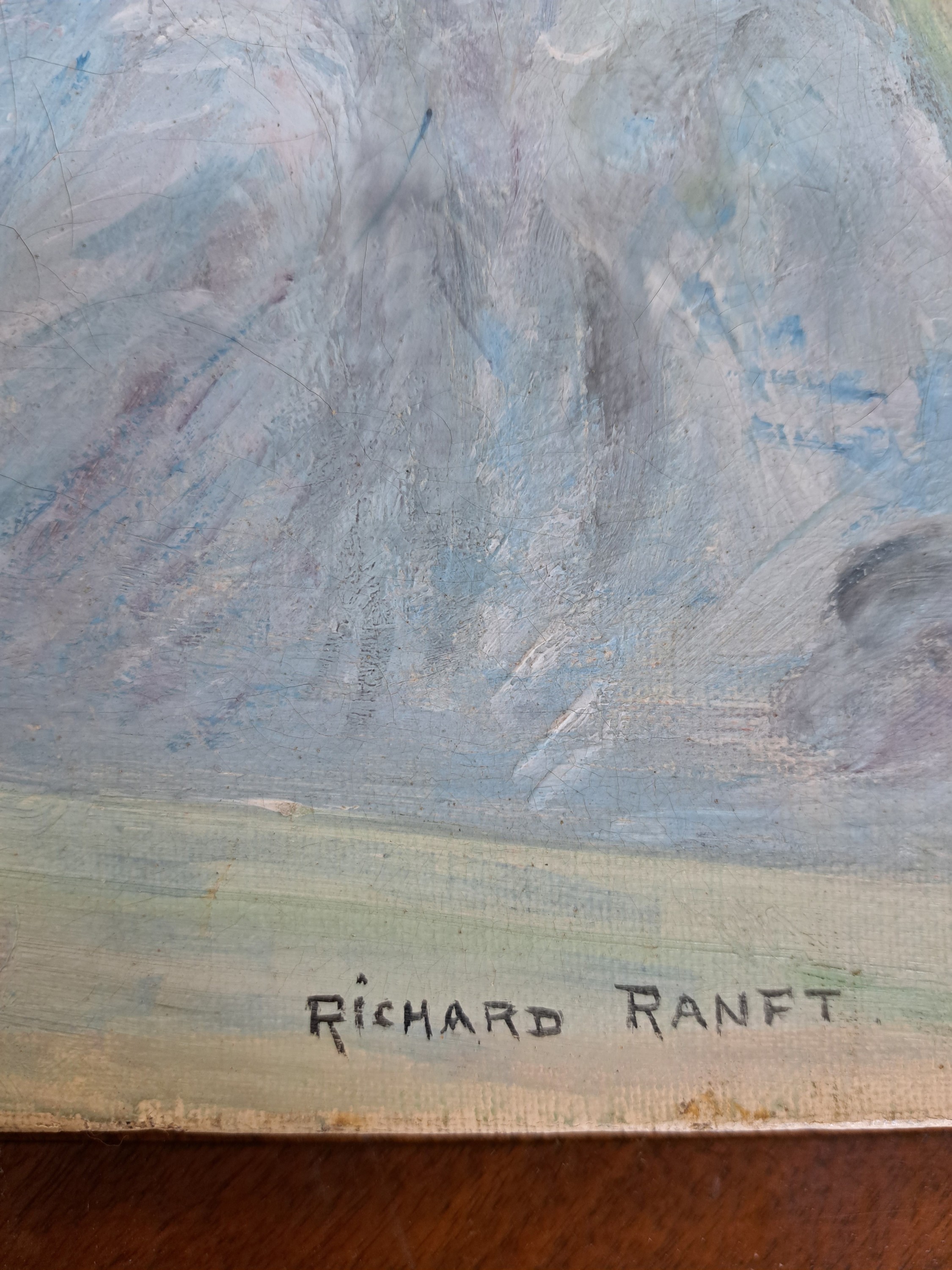 Detail a: Richard Ranft, 1862 Genf-1931 Chantilly, Junge Frau in weißem Kleid in einem Ruderboot, im Hintergrund ein Herrenhaus, Öl/Lwd, rechts unten ...