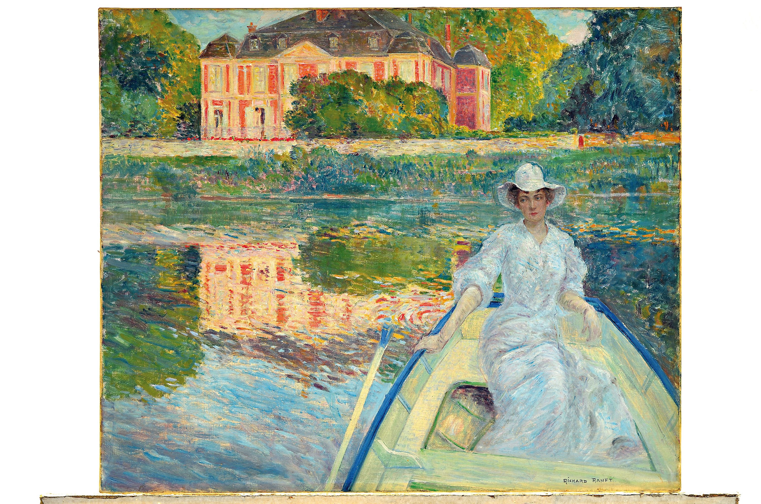 Detail k: Richard Ranft, 1862 Genf-1931 Chantilly, Junge Frau in weißem Kleid in einem Ruderboot, im Hintergrund ein Herrenhaus, Öl/Lwd, rechts unten ...