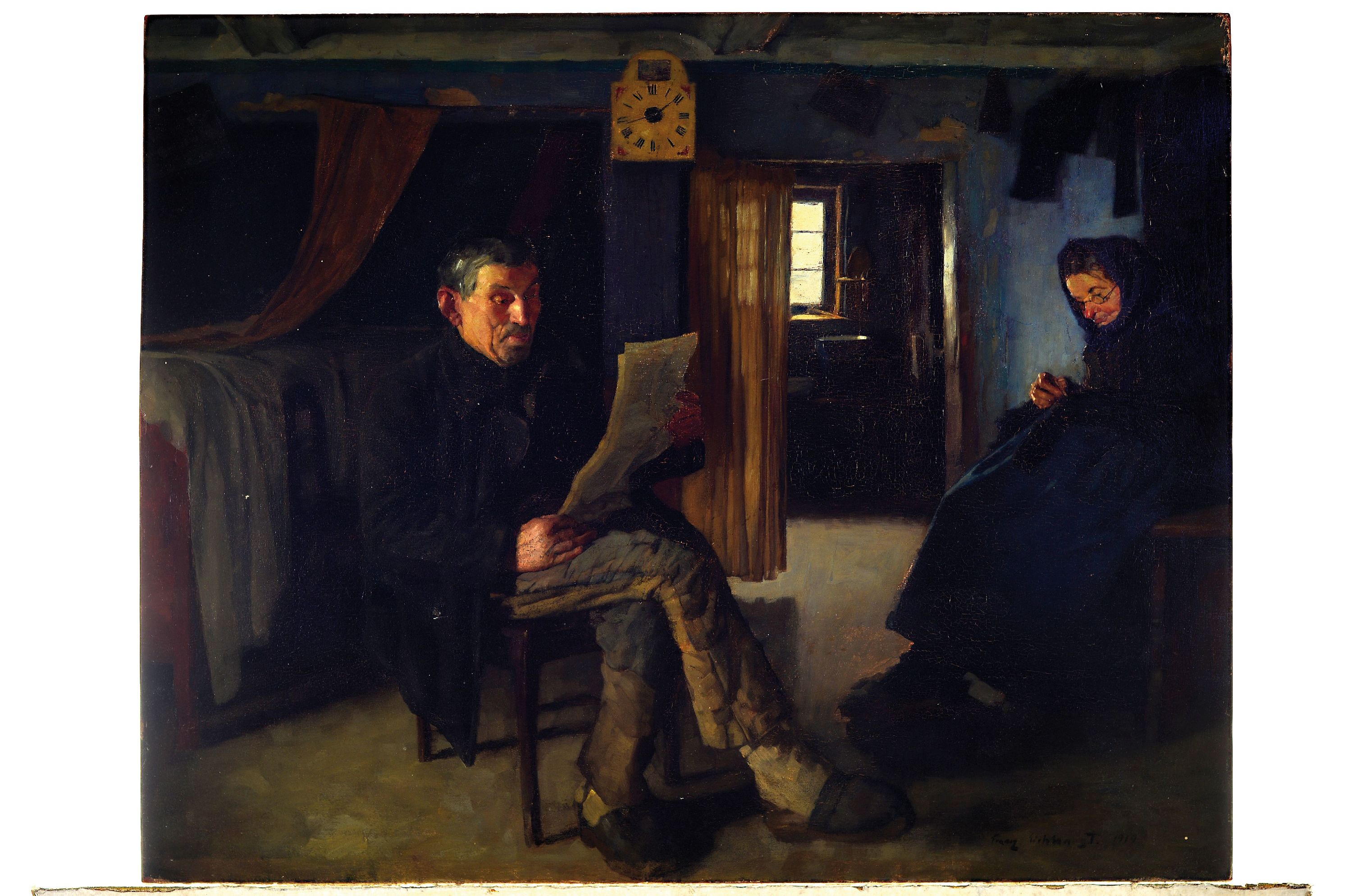 Detail k: Franz Eichhorst, 1885 Berlin-1948 Innsbruck, Paar in der Stube, er lesend, sie bei der Handarbeit, Öl/Holz, rechts unten signiert und dat. 1919, ca. ...