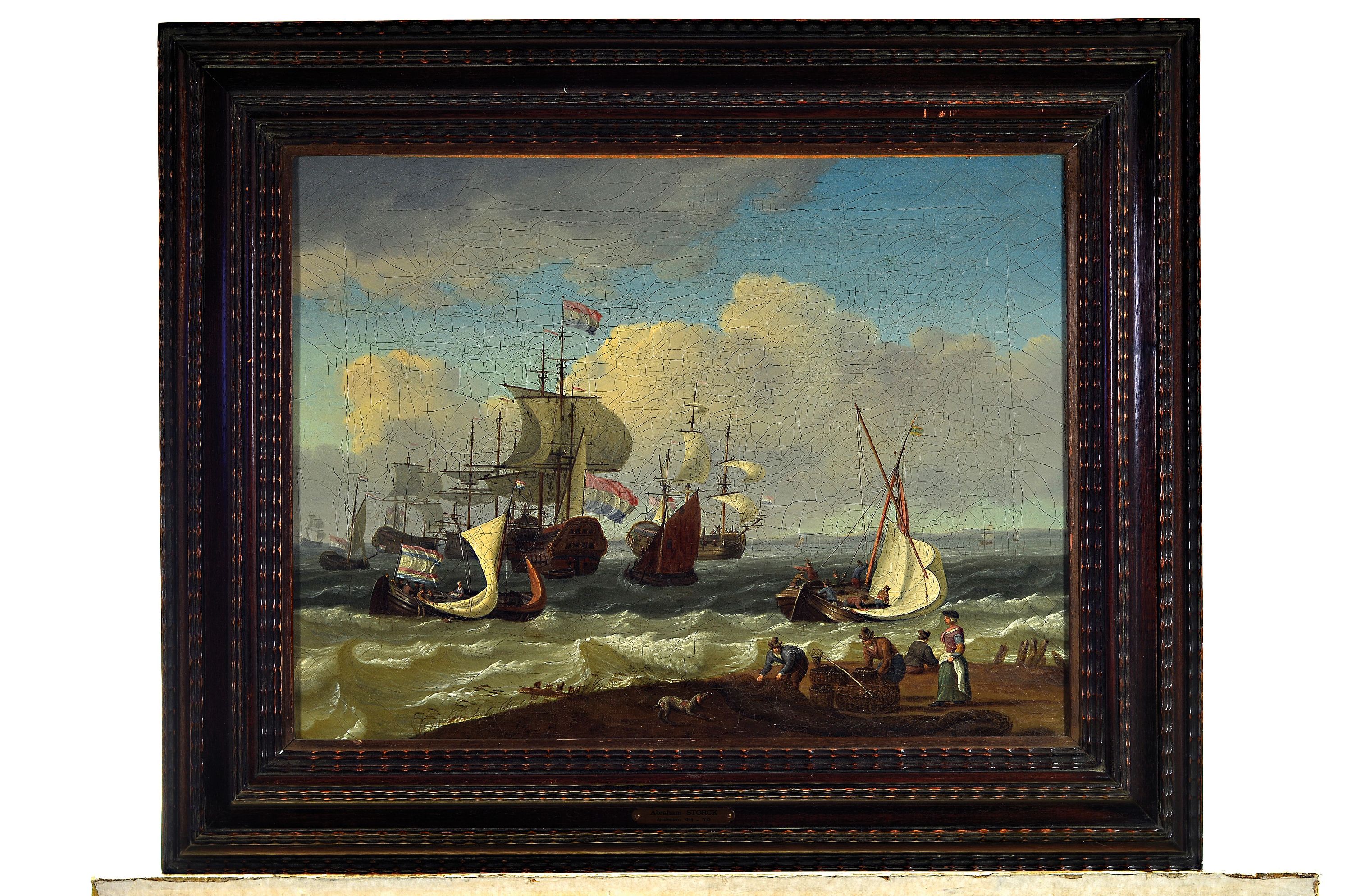 Detail k: Zuschreibung: Abraham Storck, 1635 Amsterdam-1708 ebenda, Fischerboote und Segelschiffe vor der Küste, Öl/Lwd, rest., altersbedingt krakeliert, ...