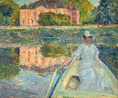 Image Richard Ranft, 1862 Genf-1931 Chantilly, Junge Frau in weißem Kleid in einem ...