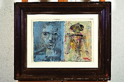 26928721k - Piero Manai, 1951 Bologna-1988, "I Pazzi", Öl/Karton auf das Innere eines ...