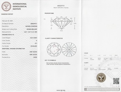 26928792a - Loser Brillant, 0.56 ct Weiß (H)/si2, eingeschweißt mit IGI-Expertise ...