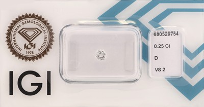 Image Loose brilliant, 0.25 ct River+(D)/vs2, sealed with IGI-expertise Valuation Price: 660, - ...
