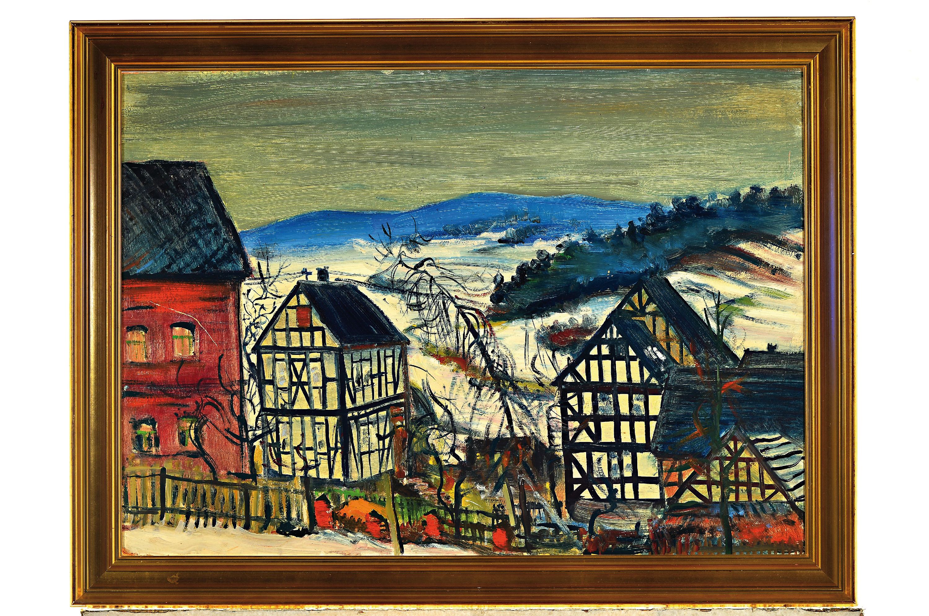 Detail k: Friedrich Einhoff, 1901 Baven-1988 Soltau, Frohnhausen im Winter, Öl/Hartfaser, verso betitelt und signiert, dat. 1947, ca. 49x70cm, R. ca. 59x80cm