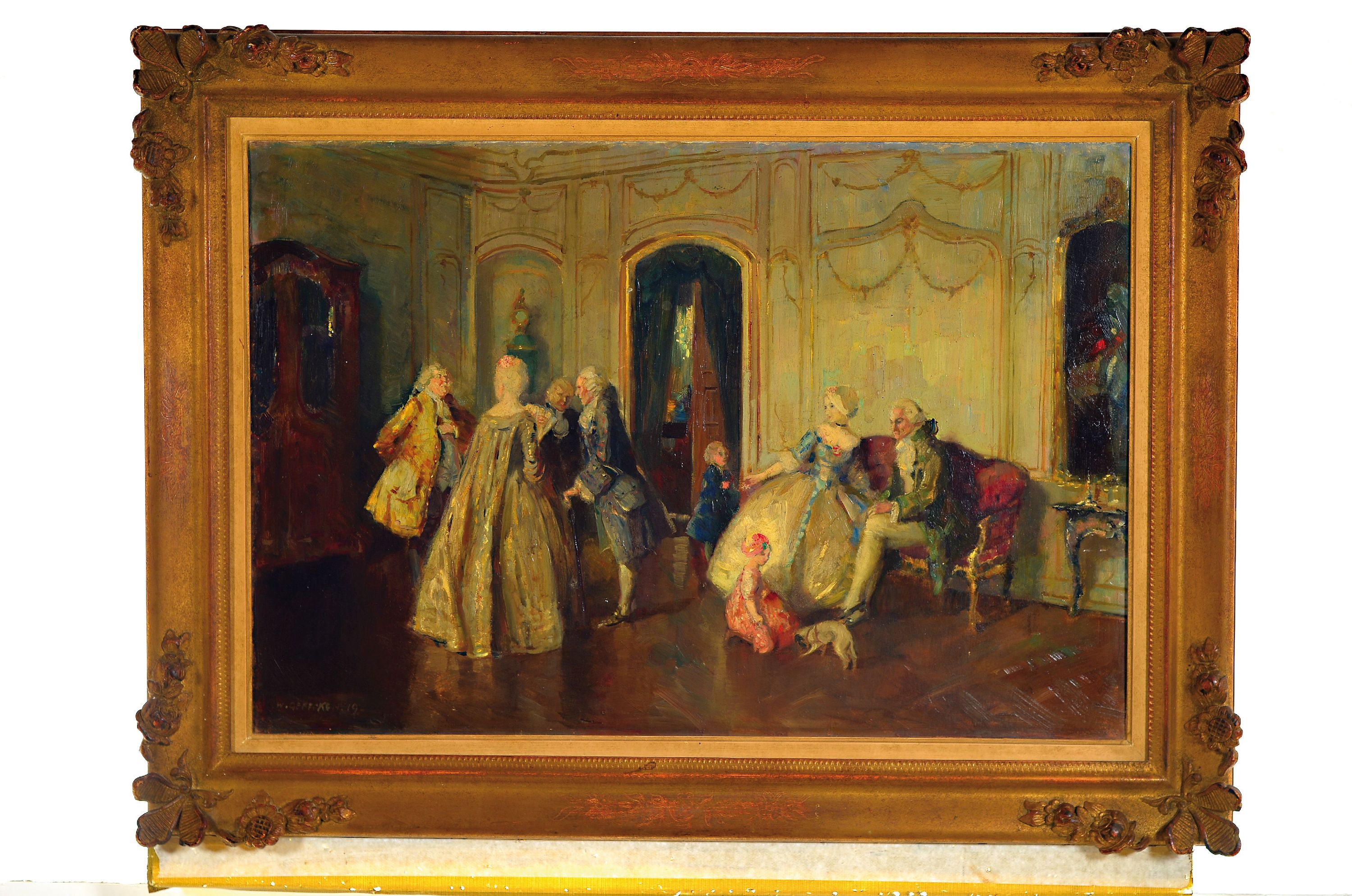 Detail k: Walter Geffcken, 1872-1950, Höfische Gesellschaft im Salon, Öl/Malkarton, links unten sign., ca. 45x65cm, R. ca. 61x81cm