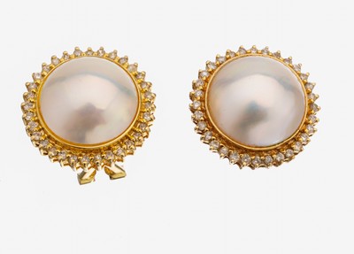 Image 26928817 - Paar 14 kt Gold Perl-Brillant-Ohrstecker, GG 585/000, mittig Mabeperle, D. ca. 14 mm, ...