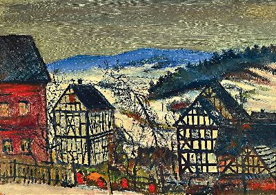 Image 26928823 - Friedrich Einhoff, 1901 Baven-1988 Soltau, Frohnhausen im Winter, Öl/Hartfaser, ...