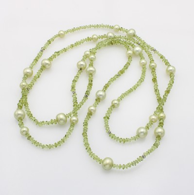 26928918a - Endlose Peridotkette mit Süßwasserzuchtperlen, grüne Perlen (gef.), L. ...