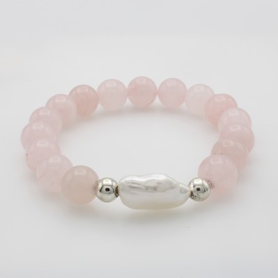 Image 26928933 - Elastisches Armband mit Rosenquarzen und Süßwasserzuchtperle, Zwischenkugeln ...