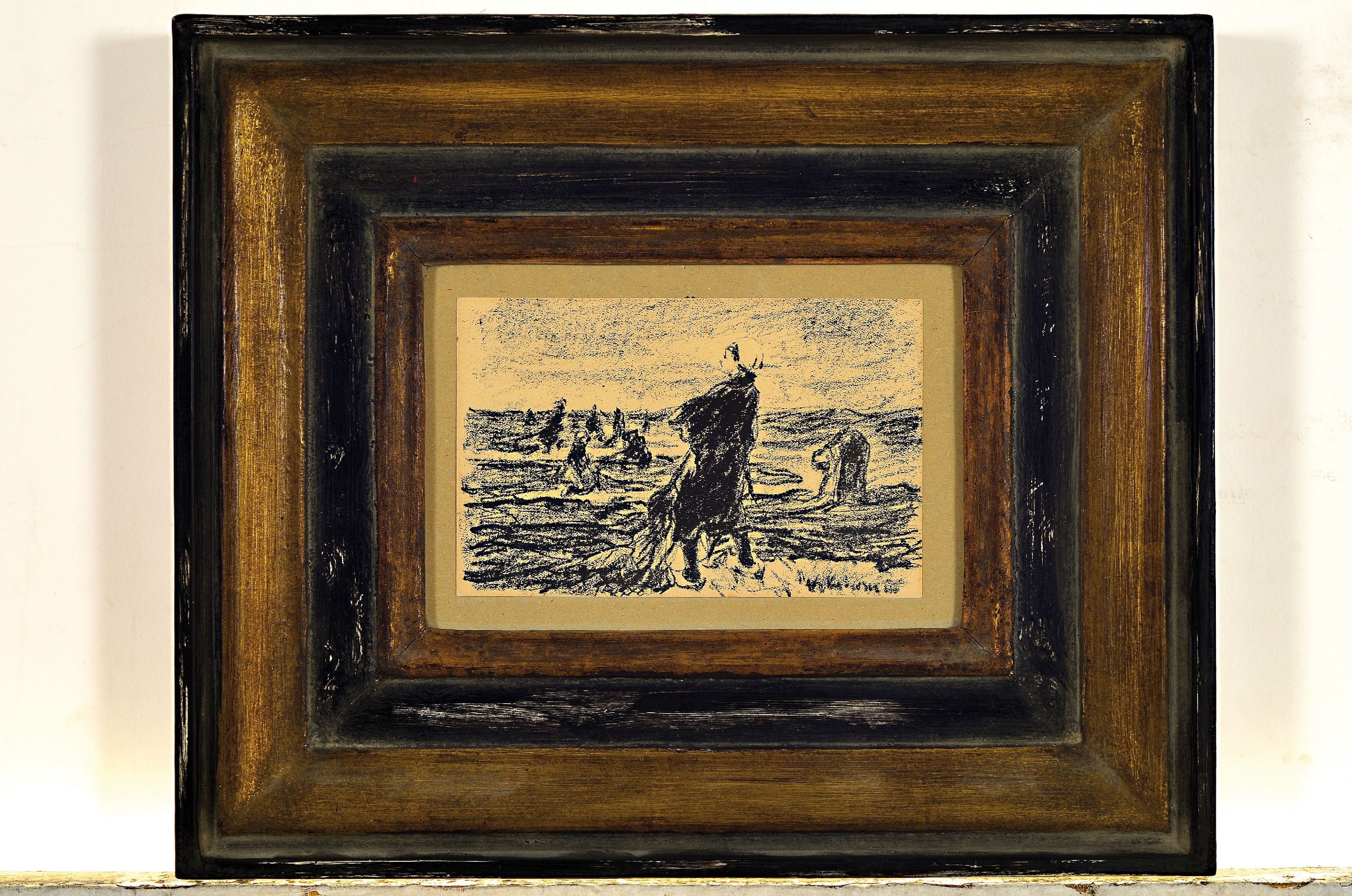 Detail k: Max Liebermann, 1847-1935, 2 Grafiken: Lithographie auf Karton, "Die Netzflickerin", Drucksachenkarte des Deutschen Reichs, im Druck ...