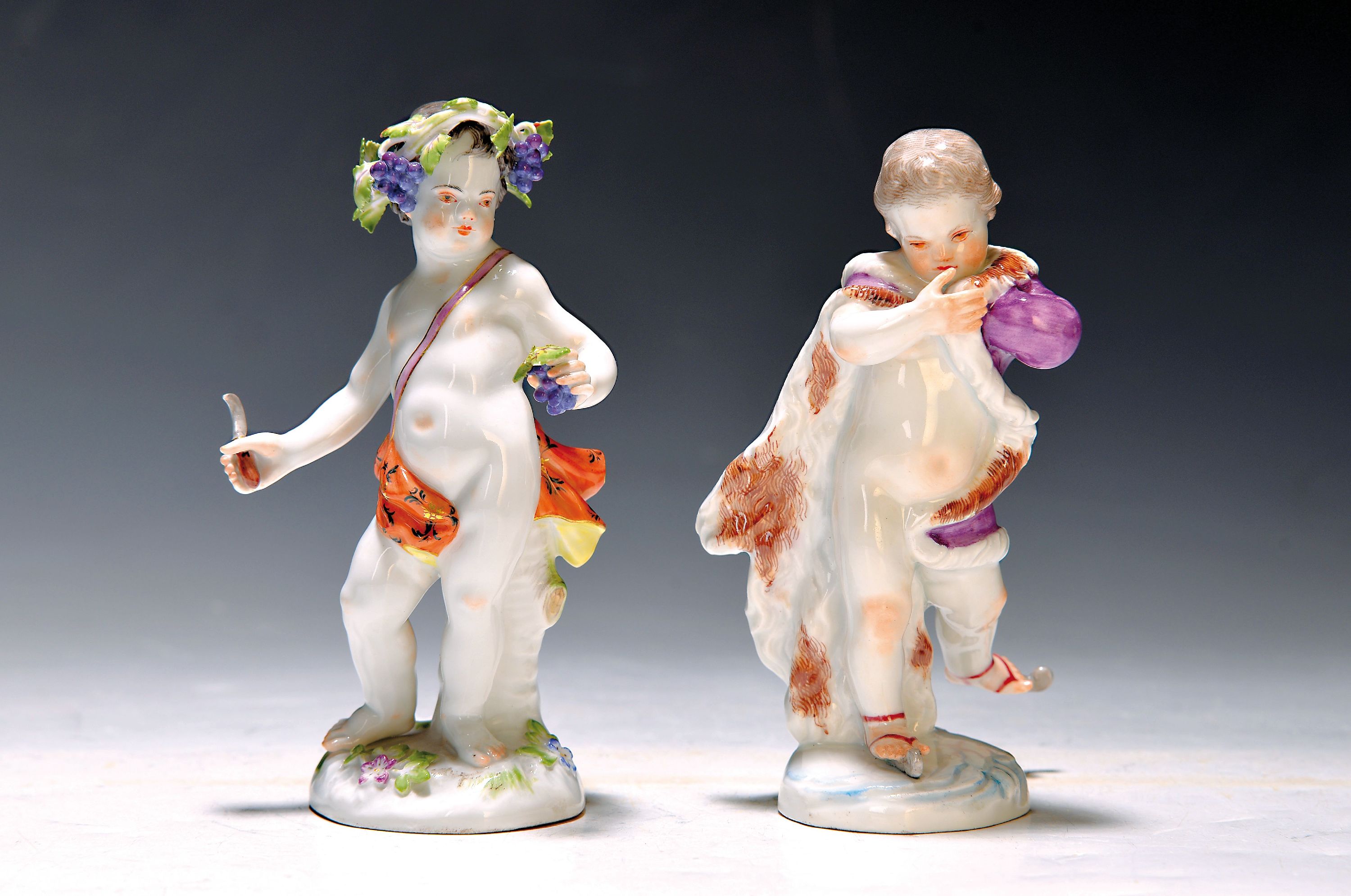 Paar Porzellanfiguren Allegorien auf Herbst und Winter, Meissen , 20.Jh., 1.Wahl, Porzellan, farbig staffiert, Modellnr. 2716 und A71, Herbst l. ...