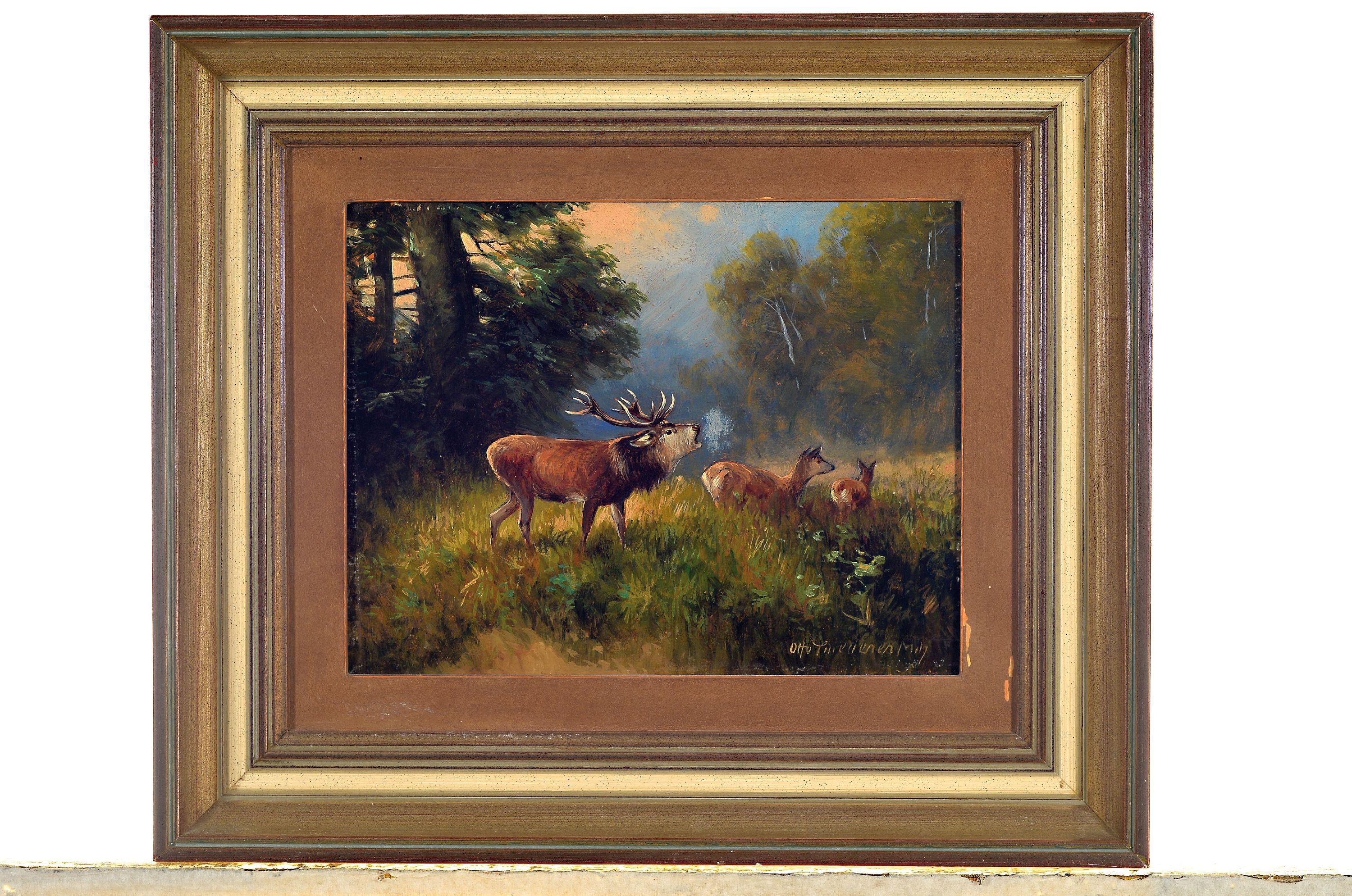 Detail k: Otto Scheuerer, 1862-1934 München, röhrenderHirsch auf Waldlichtung, rechts unten signiert, Öl/Platte, 20x25 cm, Rahmen 32x38 cm