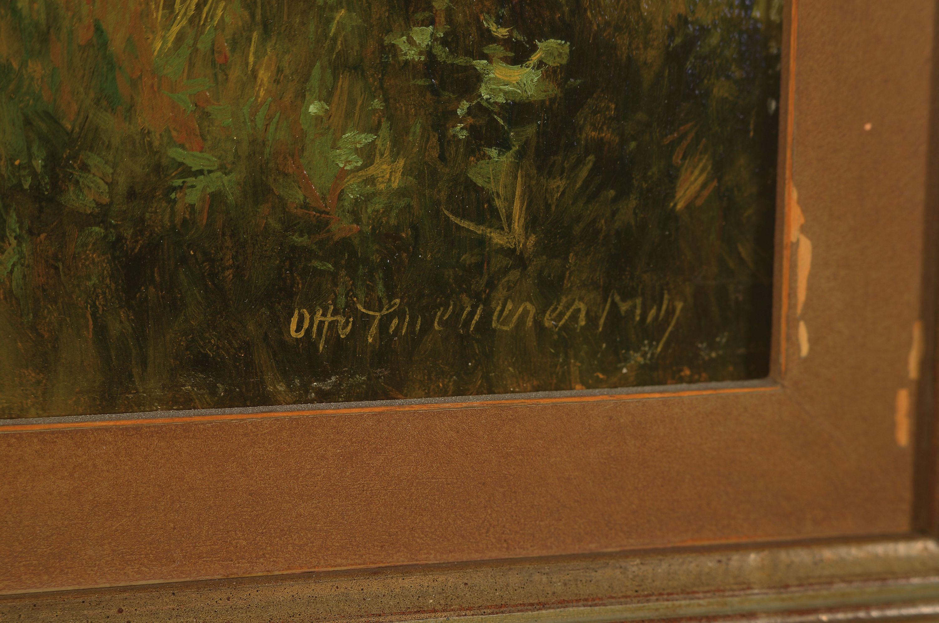 Detail l: Otto Scheuerer, 1862-1934 München, röhrenderHirsch auf Waldlichtung, rechts unten signiert, Öl/Platte, 20x25 cm, Rahmen 32x38 cm