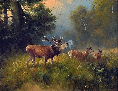 Image 26929503 - Otto Scheuerer, 1862-1934 München, röhrenderHirsch auf Waldlichtung, rechts ...