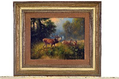 26929503k - Otto Scheuerer, 1862-1934 München, röhrenderHirsch auf Waldlichtung, rechts ...