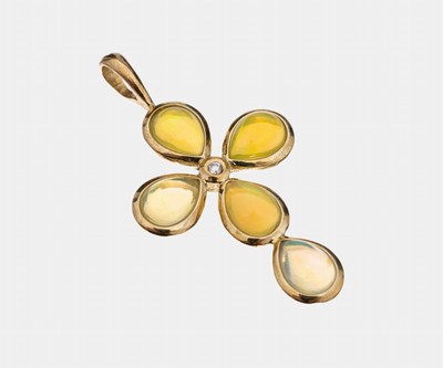 Image 26929824 - 9 kt Gold Opal-Brillant-Kreuzanhänger, GG 375/000, 5 tropfenf. Opal-Cabochons zus. ...