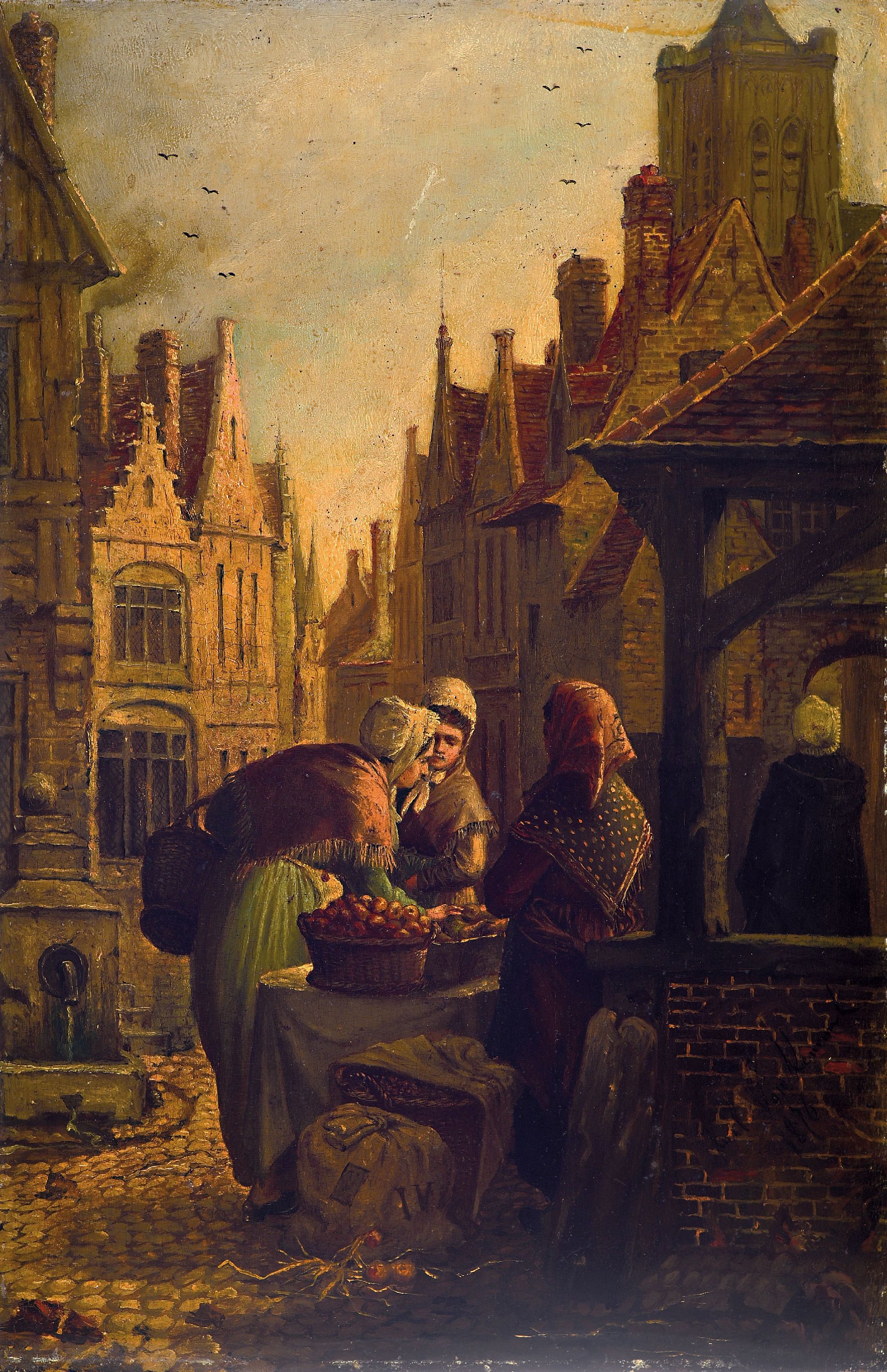 Karel van Kemmel, 1834-1885, Marktfrauen im Gespräch in einer niederländischen Stadt, Öl/Holz, rechts unten signiert und dat. 1876, kleinere ...