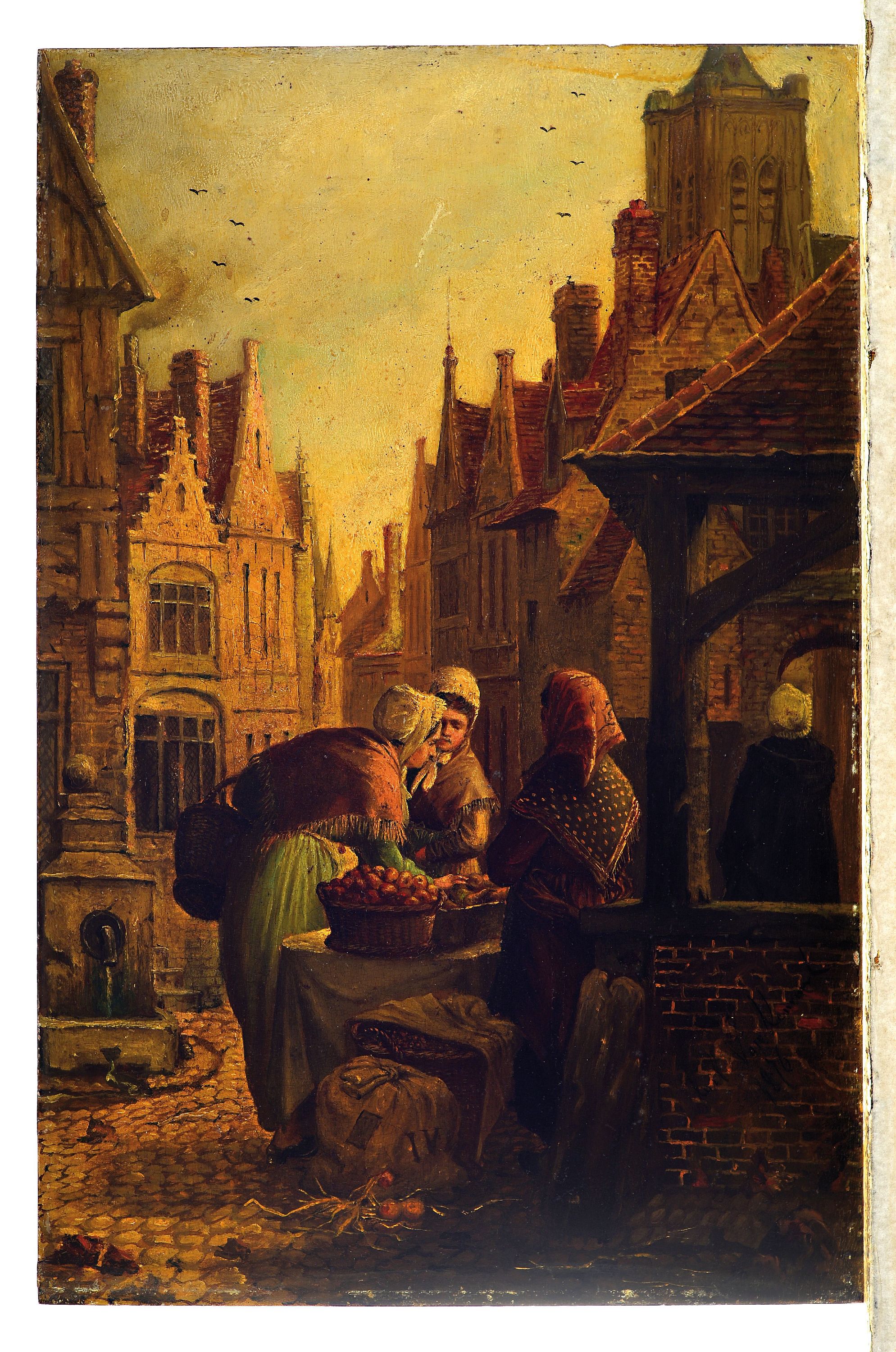 Detail k: Karel van Kemmel, 1834-1885, Marktfrauen im Gespräch in einer niederländischen Stadt, Öl/Holz, rechts unten signiert und dat. 1876, kleinere ...