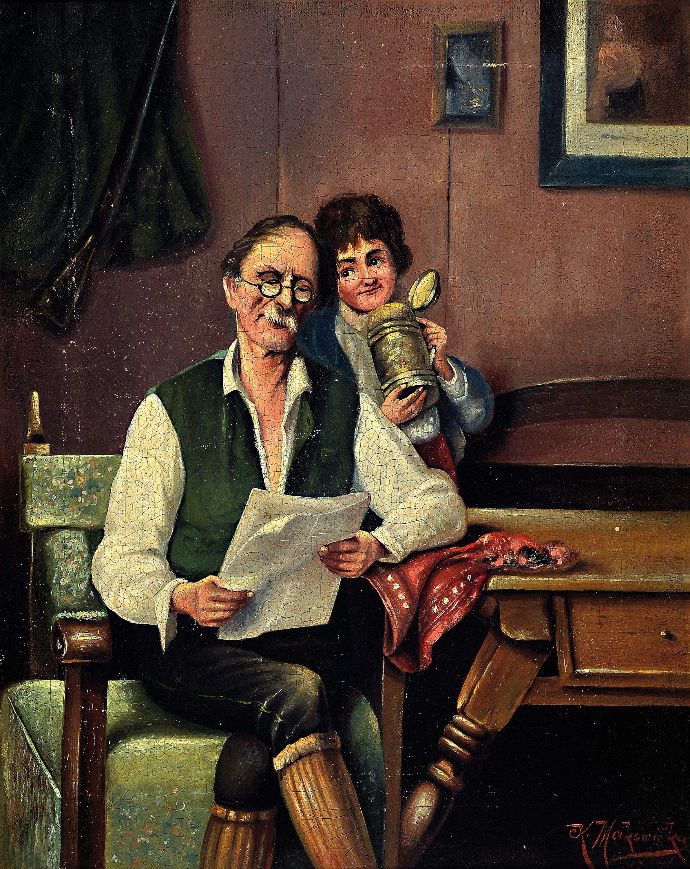 K. Makowsky, datiert (18)89, Großvater und Enkel in der Stube, Öl/Lwd, rechts unten sign. und dat., altersbedingt krakeliert, ca. 40x32cm, R. ca. ...