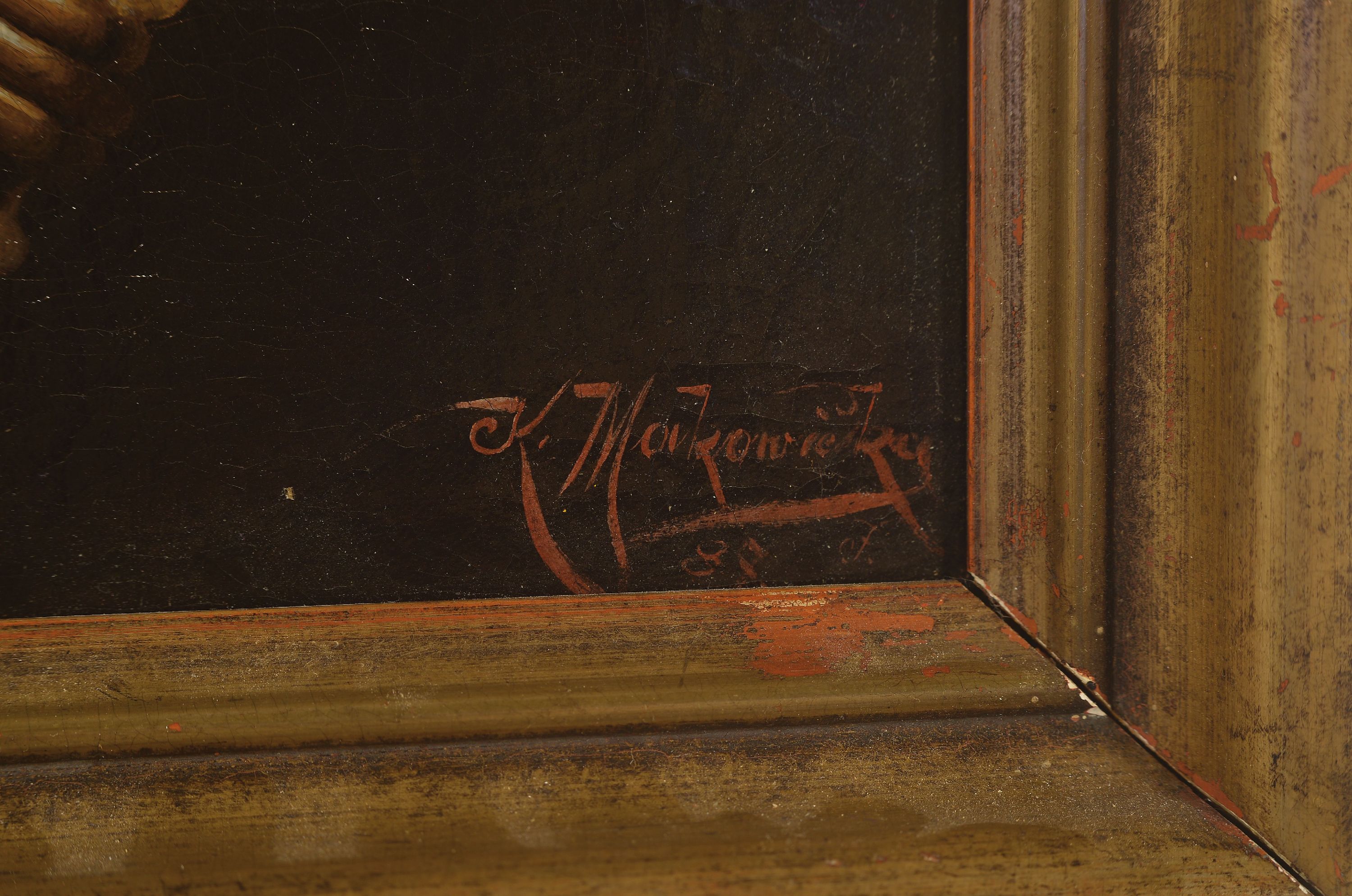 Detail l: K. Makowsky, datiert (18)89, Großvater und Enkel in der Stube, Öl/Lwd, rechts unten sign. und dat., altersbedingt krakeliert, ca. 40x32cm, R. ca. ...