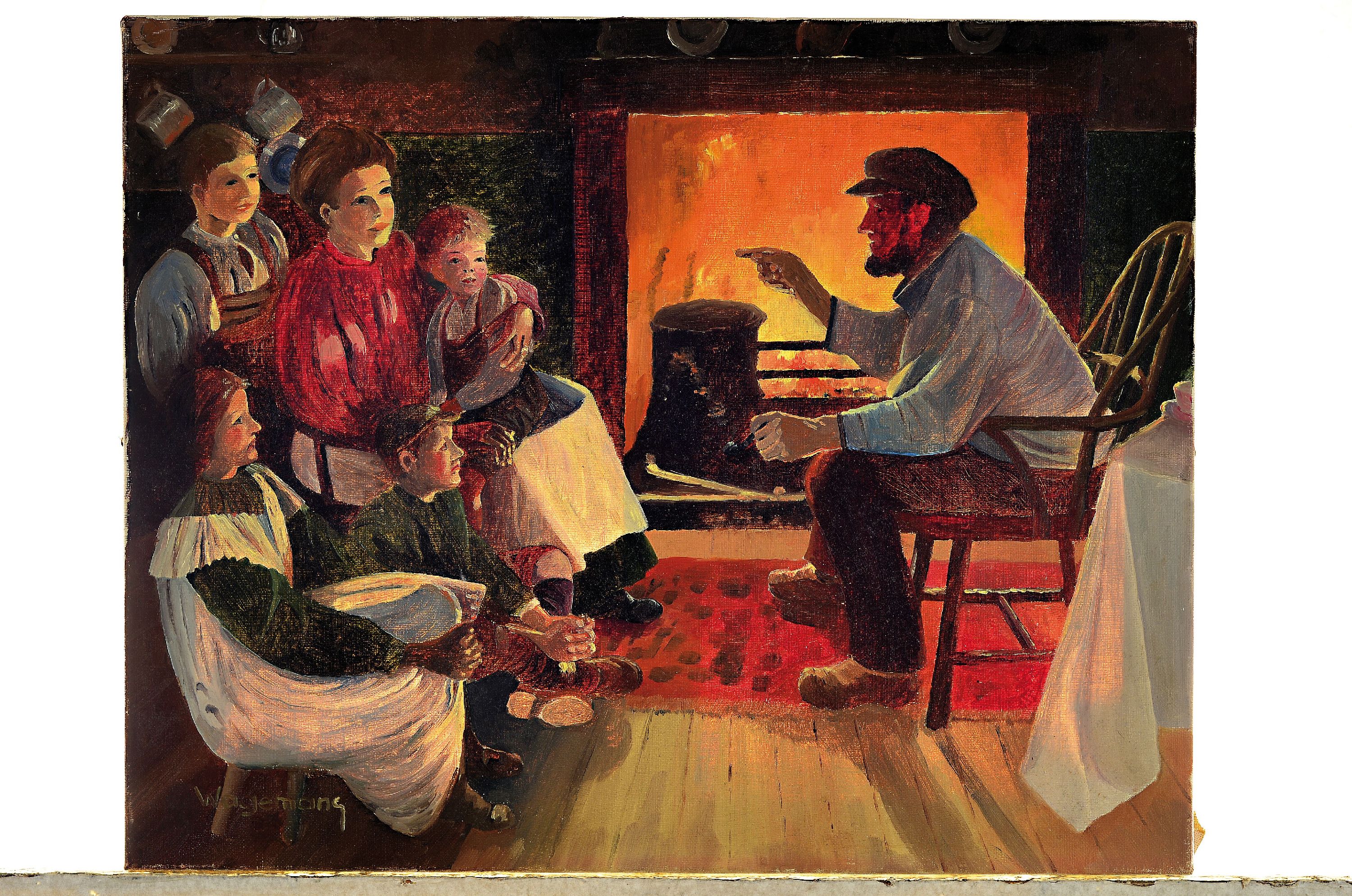 Detail k: Wagemans, belgischer Maler, 1. Hälfte 20. Jh., Vater erzählt der Familie vor dem Kaminfeuer, Öl/Lwd, links unten signiert, ca. 40x50cm