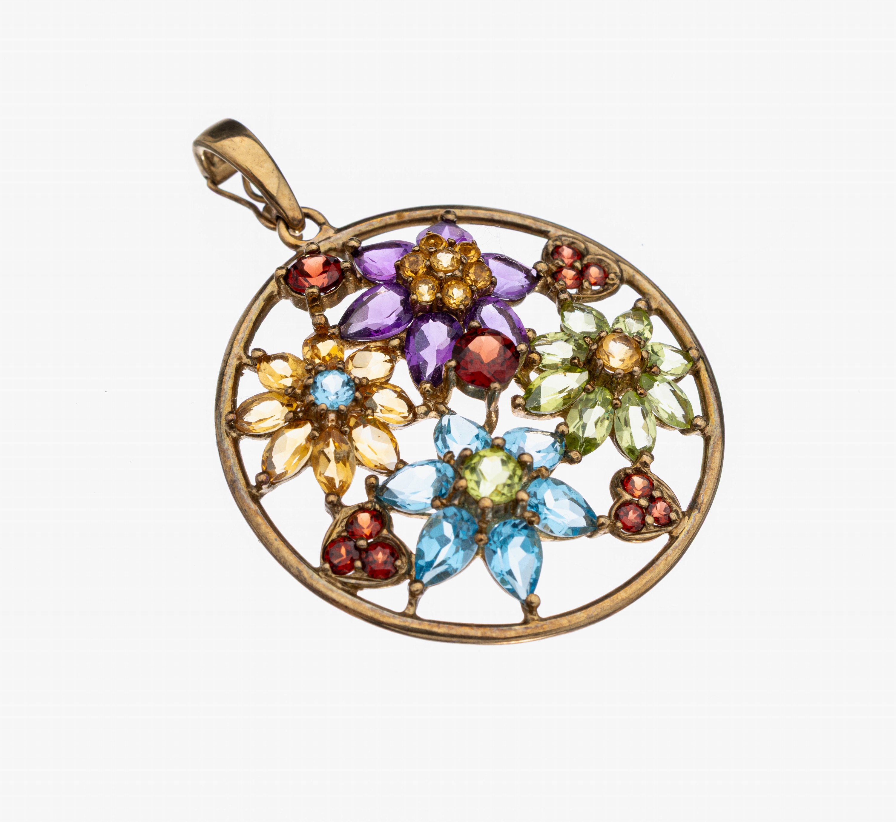 8 kt Gold Farbstein-Clipanhänger, GG 333/000, rund, floral, Granate, Amethyste, Citrine und Blautopase (beh.) in versch. Schliffformen und Größen ...