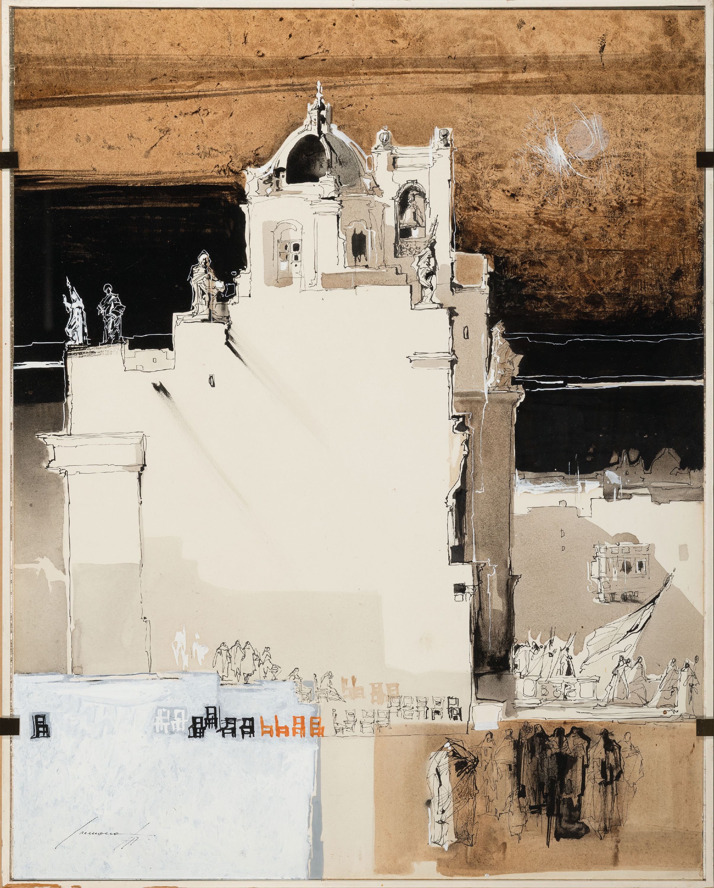 Detail k: Emanuel Vincent "Emvin" Cremona, 1919-1987 Valletta, Malta, Aquarell/Tusche auf Papier, Figurenstaffage vor Kirchenbau, wohl Kathedrale von ...