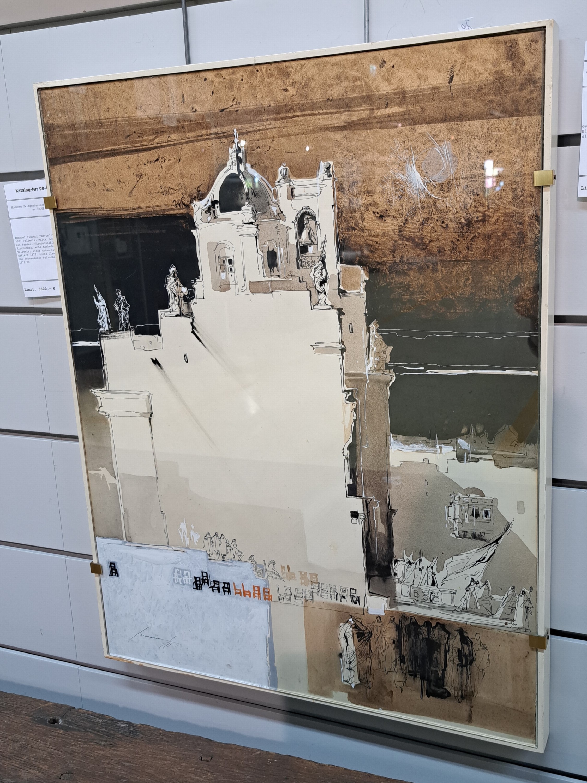 Detail o: Emanuel Vincent "Emvin" Cremona, 1919-1987 Valletta, Malta, Aquarell/Tusche auf Papier, Figurenstaffage vor Kirchenbau, wohl Kathedrale von ...