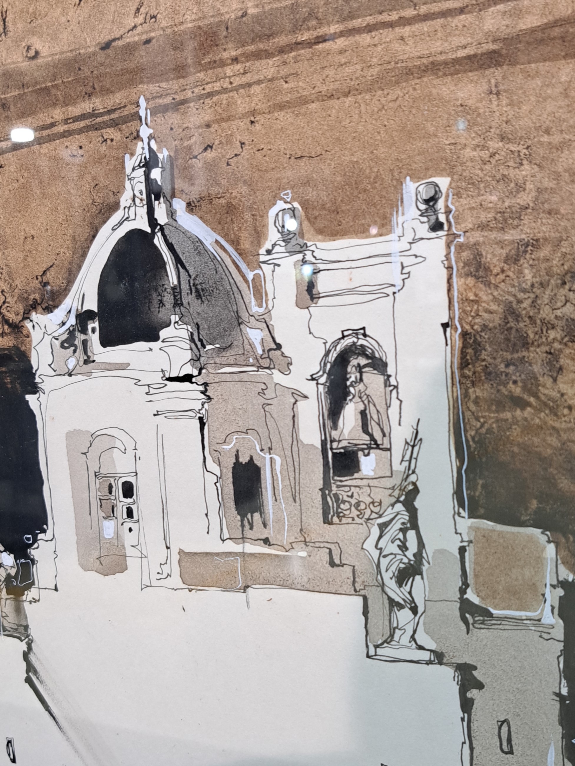 Detail p: Emanuel Vincent "Emvin" Cremona, 1919-1987 Valletta, Malta, Aquarell/Tusche auf Papier, Figurenstaffage vor Kirchenbau, wohl Kathedrale von ...