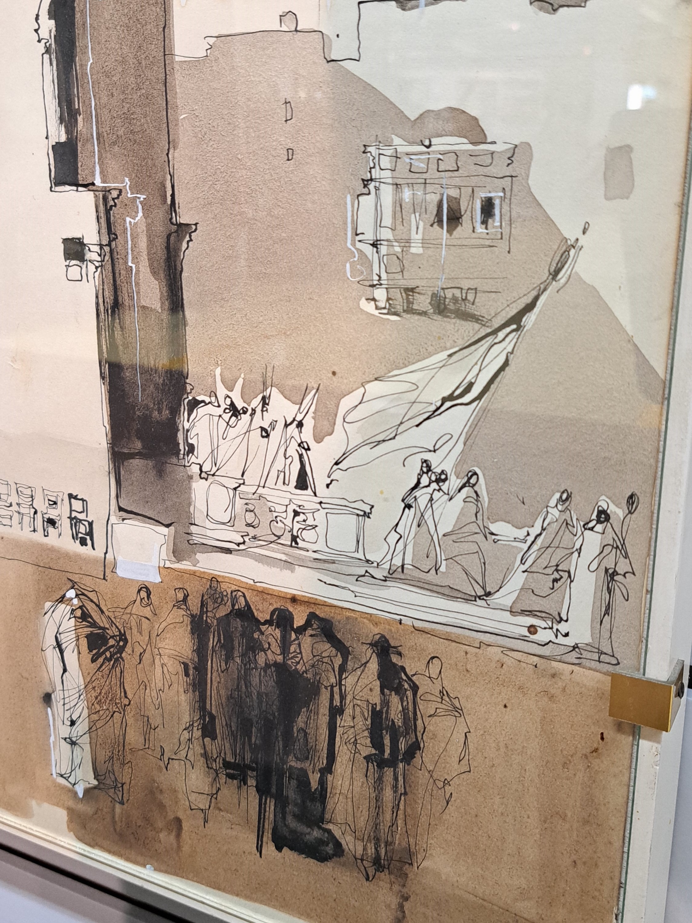 Detail q: Emanuel Vincent "Emvin" Cremona, 1919-1987 Valletta, Malta, Aquarell/Tusche auf Papier, Figurenstaffage vor Kirchenbau, wohl Kathedrale von ...
