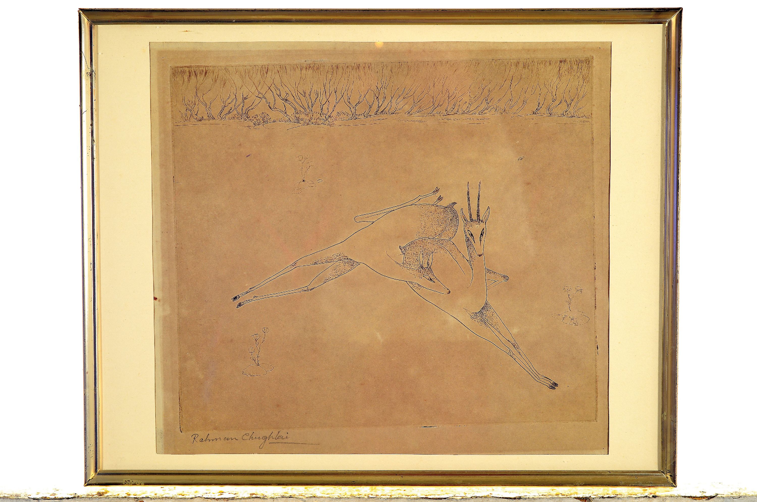 Detail k: Abdur Rahman Chughtai, 1897-1975 Lahore, Pakistan, Radierung auf dünnem Papier, liegender Bock und Geiß, pointierte Strichführung, links unten ...