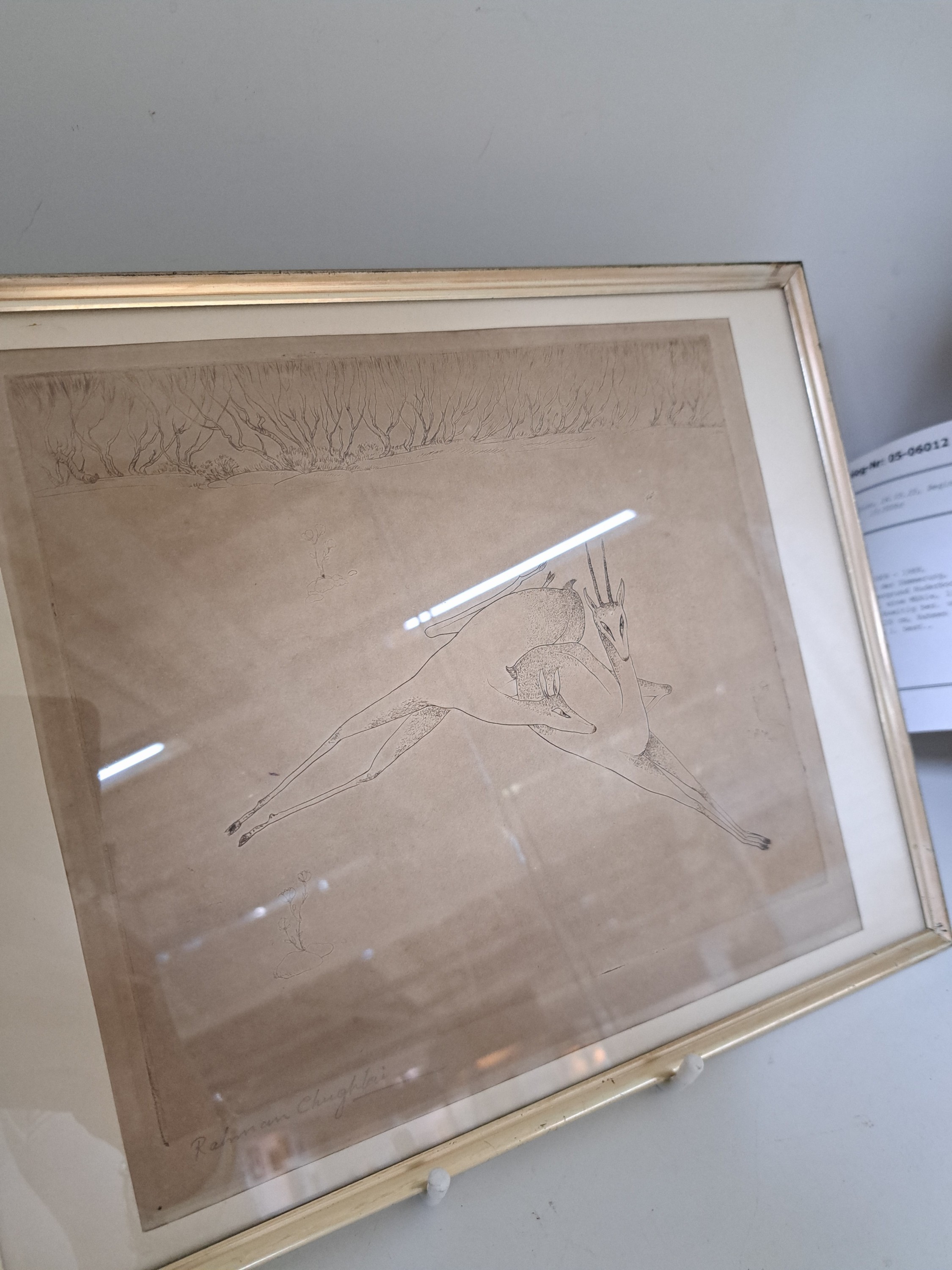 Detail l: Abdur Rahman Chughtai, 1897-1975 Lahore, Pakistan, Radierung auf dünnem Papier, liegender Bock und Geiß, pointierte Strichführung, links unten ...