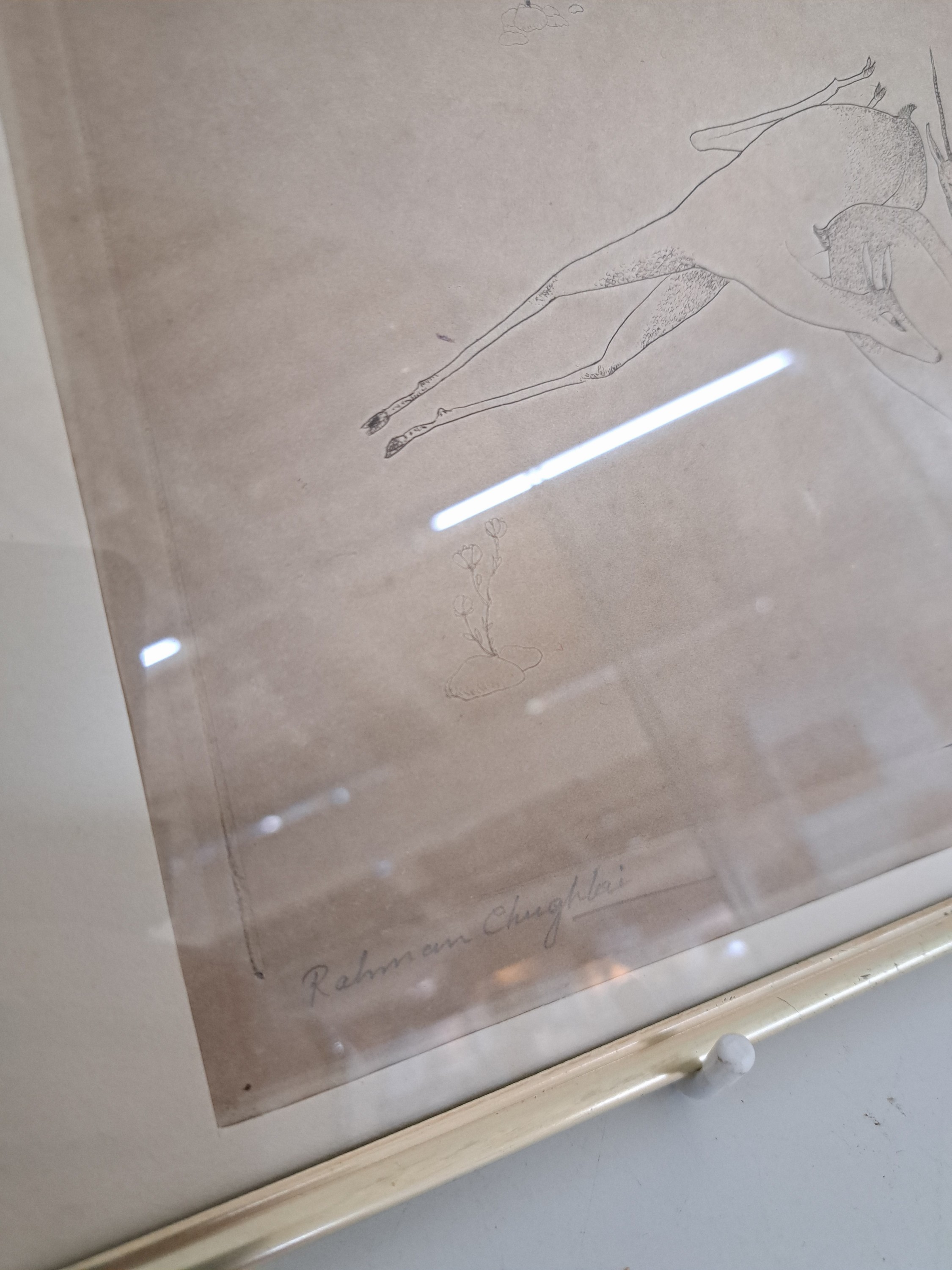 Detail m: Abdur Rahman Chughtai, 1897-1975 Lahore, Pakistan, Radierung auf dünnem Papier, liegender Bock und Geiß, pointierte Strichführung, links unten ...