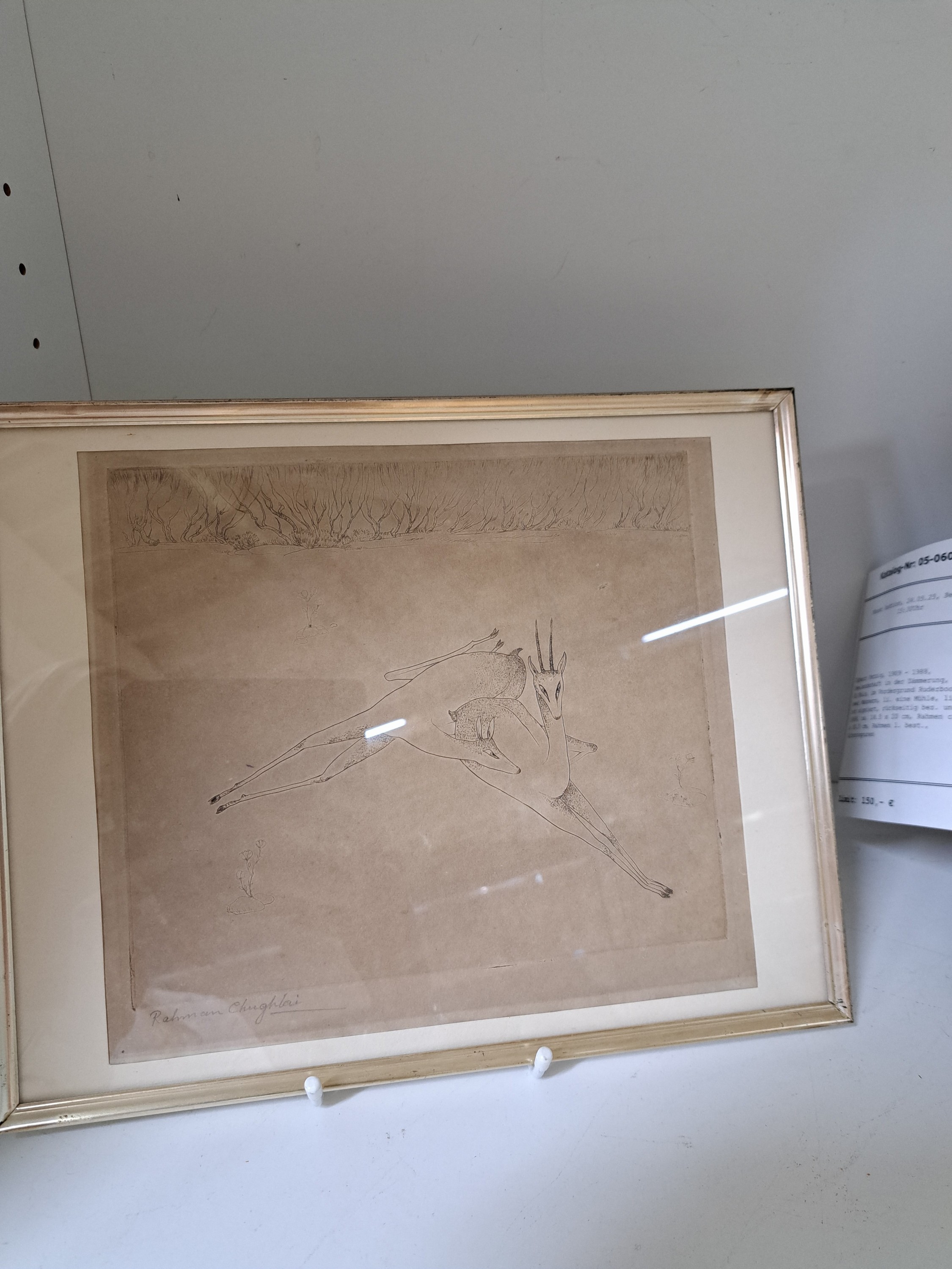 Detail n: Abdur Rahman Chughtai, 1897-1975 Lahore, Pakistan, Radierung auf dünnem Papier, liegender Bock und Geiß, pointierte Strichführung, links unten ...